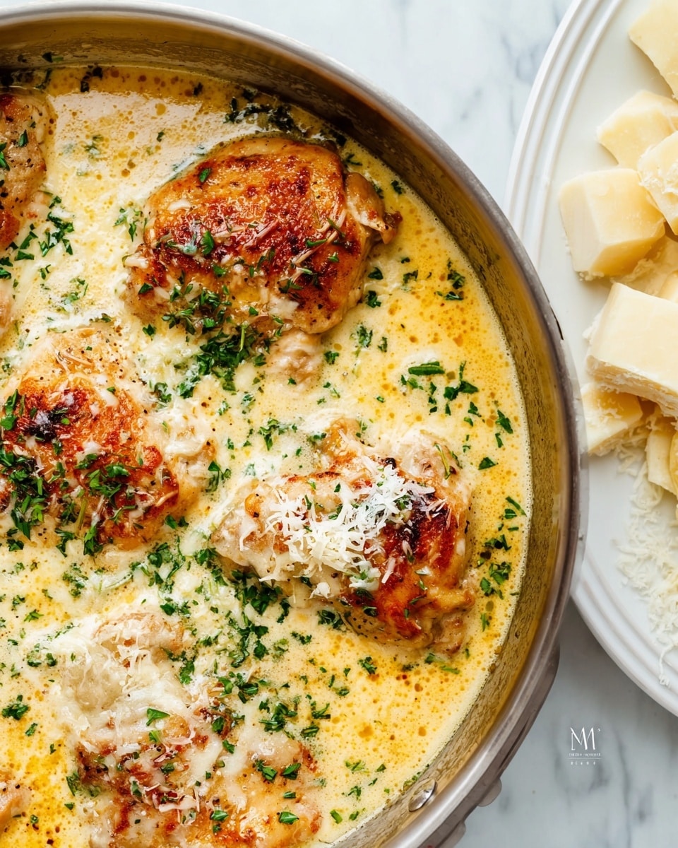 A close-up view of a stainless steel pan filled with four pieces of browned chicken, each covered in a creamy, light yellow sauce with melted cheese on top. The chicken pieces are partially submerged in the sauce, which has a slightly bubbly texture and is garnished with small bits of fresh green herbs spread evenly over the surface. On the right side, a white plate holds chunks of pale yellow cheese with a crumbly texture, all placed on a white marbled surface. photo taken with an iphone --ar 4:5 --v 7