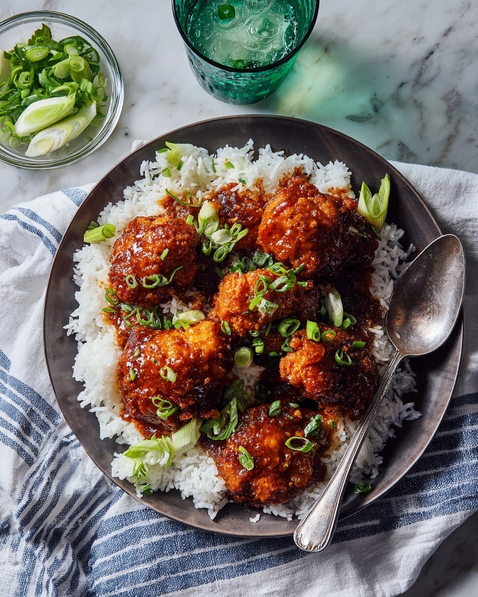The dish shows a white round plate filled with two main layers: the bottom layer is a bed of fluffy white rice with a soft, grainy texture, covering most of the plate; on top, there are seven pieces of crispy fried chicken with a dark golden brown crust, each piece coated in a thick, sticky reddish-brown sauce and sprinkled with small green chopped scallions, scattered unevenly. There is a shiny silver spoon resting on the right edge of the plate, and the plate sits on a white cloth with blue stripes over a white marbled surface. Nearby, there is a small glass bowl with green scallions and a glass of water with a green tint. photo taken with an iphone --ar 4:5 --v 7