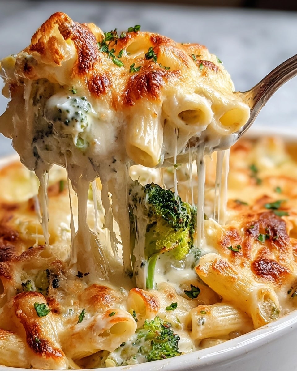 A close-up view of a creamy baked pasta dish with three visible layers: the top golden layer is melted cheese browned in spots with a bubbly texture; below it, a thick white sauce mixed with bits of green broccoli florets creates a rich and smooth middle layer; the bottom layer consists of small tube-shaped pasta, coated in sauce. The cheesy strands stretch from the main serving scoop as it is lifted by a fork from a white dish, all set against a white marbled texture. Small green herb bits are sprinkled on top for color. Photo taken with an iphone --ar 4:5 --v 7