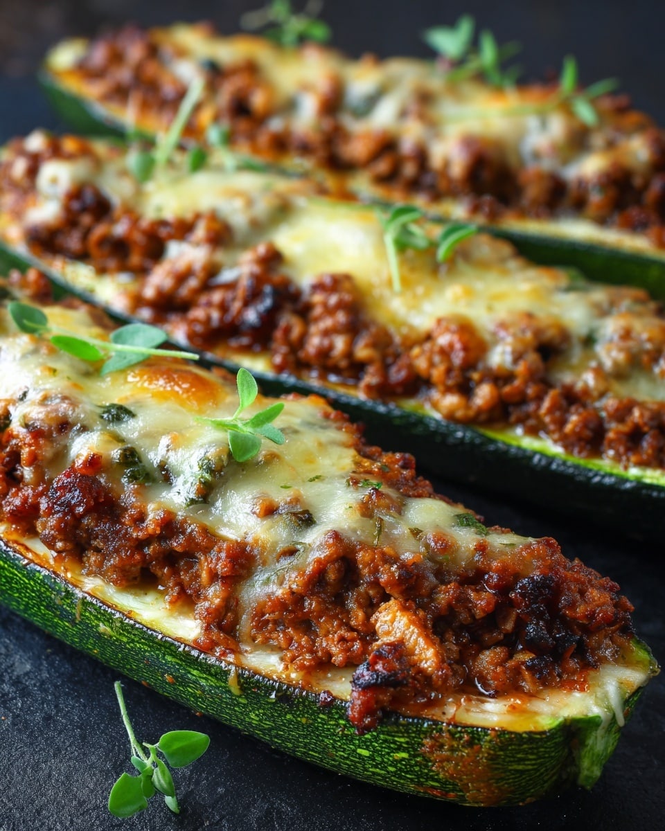 The image shows three zucchini boats, each cut in half lengthwise with a dark green skin forming the base layer. They are filled with a generous layer of browned minced meat mixed with a rich, slightly oily sauce, creating a crumbly texture inside the zucchini shells. On top of the meat is a thick, melted layer of cheese that is golden and bubbly, stretching slightly over the edges of the zucchini. Small green herb leaves are sprinkled on top for color contrast. The zucchini boats are placed close together on a black surface that contrasts with their warm tones. Photo taken with an iphone --ar 4:5 --v 7