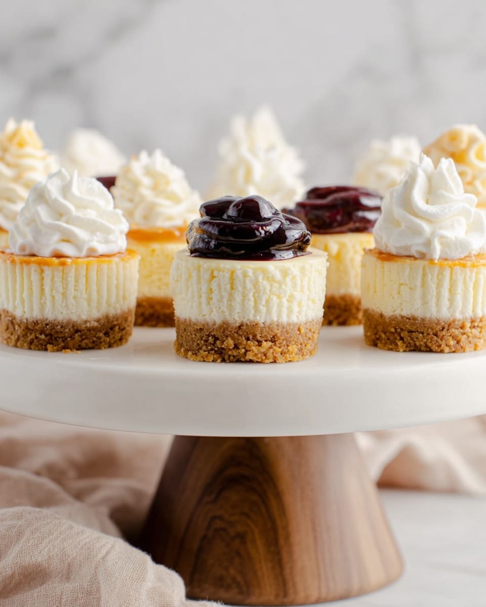 The image shows several mini cheesecakes arranged on a white cake stand with a wooden base. Each cheesecake has three layers: the bottom layer is a golden brown crumbly crust, the middle layer is a thick cream-colored cheesecake, and the top layer is either a smooth swirl of white whipped cream or a shiny dollop of dark chocolate or fruit topping beneath the whipped cream. The background features a white marbled texture, and a soft beige cloth is draped near the stand. Photo taken with an iphone --ar 4:5 --v 7
