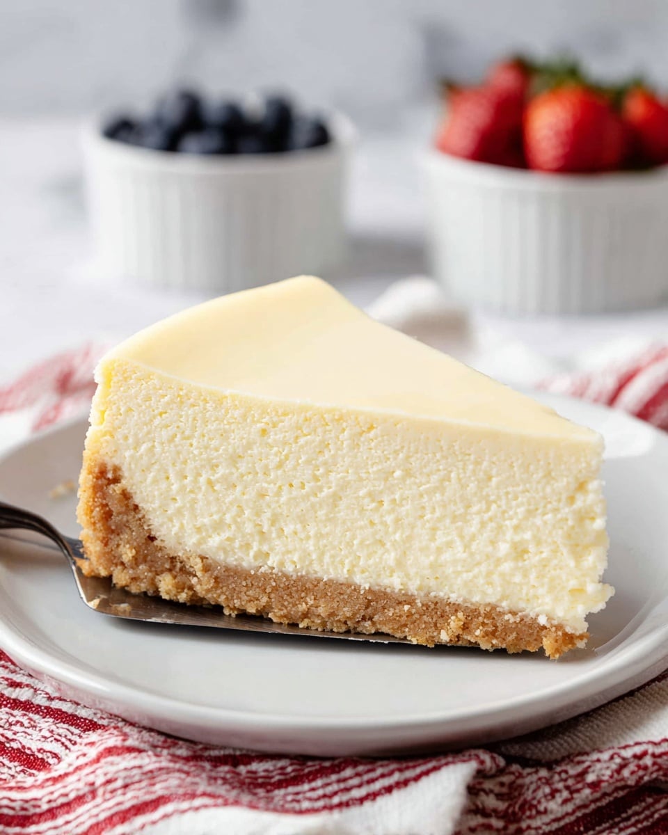 A slice of creamy cheesecake sits on a white plate over a red and white striped cloth. The cheesecake has two layers: a thick, smooth pale yellow top layer and a denser light brown crumbly crust at the bottom. The texture of the top layer looks soft and smooth while the crust has a grainy texture. The cheesecake slice is lifted by a cake server with a dark handle. In the blurred white marbled background, there are two small white bowls, one with blueberries and the other with strawberries. Photo taken with an iphone --ar 4:5 --v 7