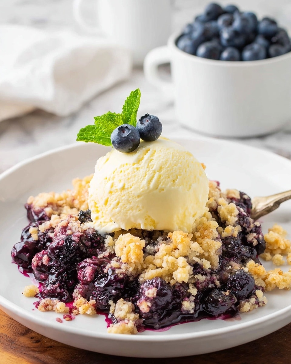 A white plate holds a warm blueberry crumble dessert with three layers: the bottom layer is deep purple, juicy cooked blueberries; the middle layer is a golden crumbled topping with a soft, crumbly texture scattered unevenly over the berries; the top layer is a single scoop of creamy pale yellow ice cream sitting at the center, crowned with three fresh dark blue blueberries and a bright green mint leaf. The plate is set on a wooden surface with a white marbled texture background, and a white cup filled with fresh blueberries is softly blurred in the back. Photo taken with an iphone --ar 4:5 --v 7