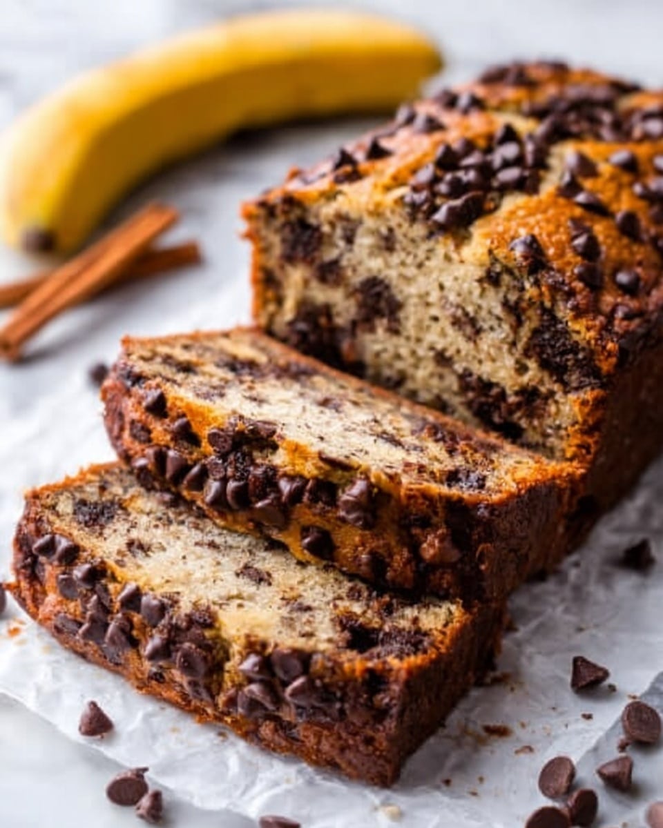 The image shows a sliced banana chocolate chip bread loaf on white parchment paper with chocolate chips scattered around. The bread has three visible layers: the top layer is golden brown with dark chocolate chips embedded, the middle layer reveals the soft, moist light brown bread with chocolate chips spread evenly inside, and the bottom layer is slightly darker with a smooth texture. In the background, there is a blurred whole banana and a cinnamon stick on a white marbled surface. Photo taken with an iphone --ar 4:5 --v 7