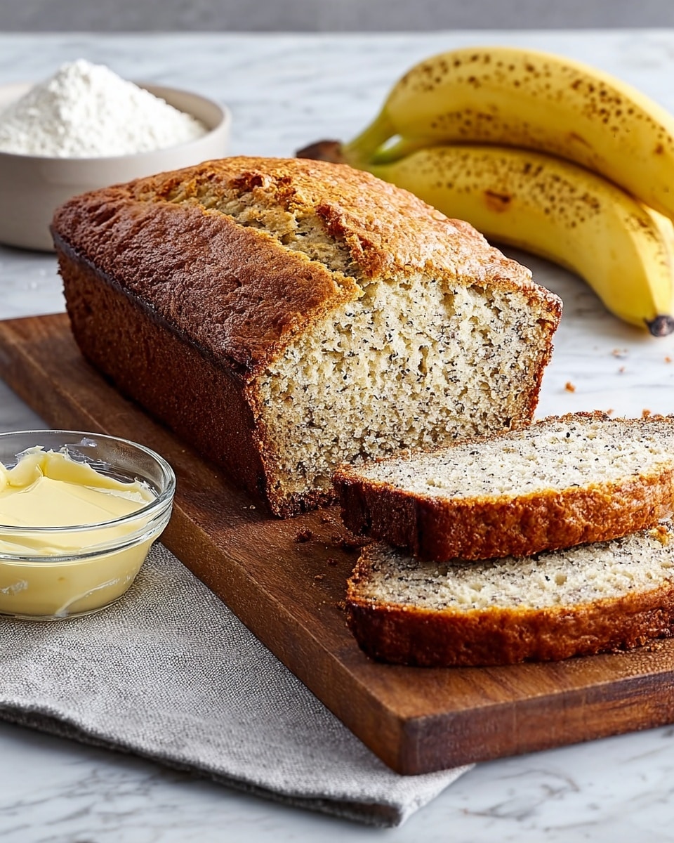 A loaf of banana bread with a golden brown crust and a moist, speckled light yellow interior is placed on a wooden cutting board with two slices cut from it and laid next to the loaf, showing the soft texture inside. The board rests on a light gray cloth, all set on a white marbled surface. Near the board, there is a small clear glass bowl filled with pale yellow softened butter. In the background, a white bowl filled with white flour and two ripe bananas with small brown spots are visible. The photo taken with an iphone --ar 4:5 --v 7