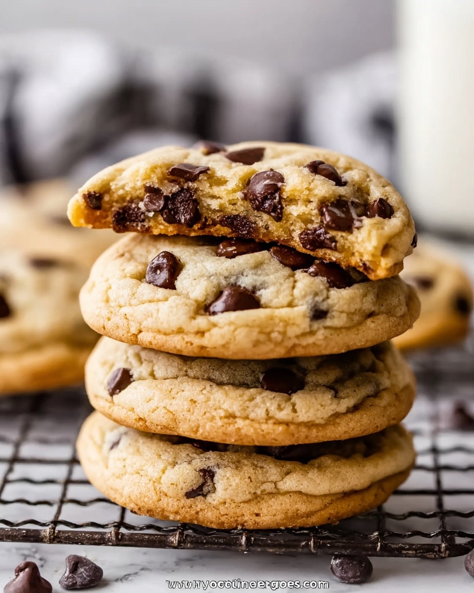 A stack of four soft chocolate chip cookies sits on a wire rack above a white marbled surface. The cookies are golden brown with slightly darker edges and show a chewier texture with visible cracks. The top cookie is broken in half, revealing a moist, tender inside filled with many small, dark chocolate chips scattered throughout. The chocolate chips contrast with the light cookie dough, making the cookies look rich and inviting. The blurred background shows hints of a striped cloth and a glass of milk. Photo taken with an iphone --ar 4:5 --v 7