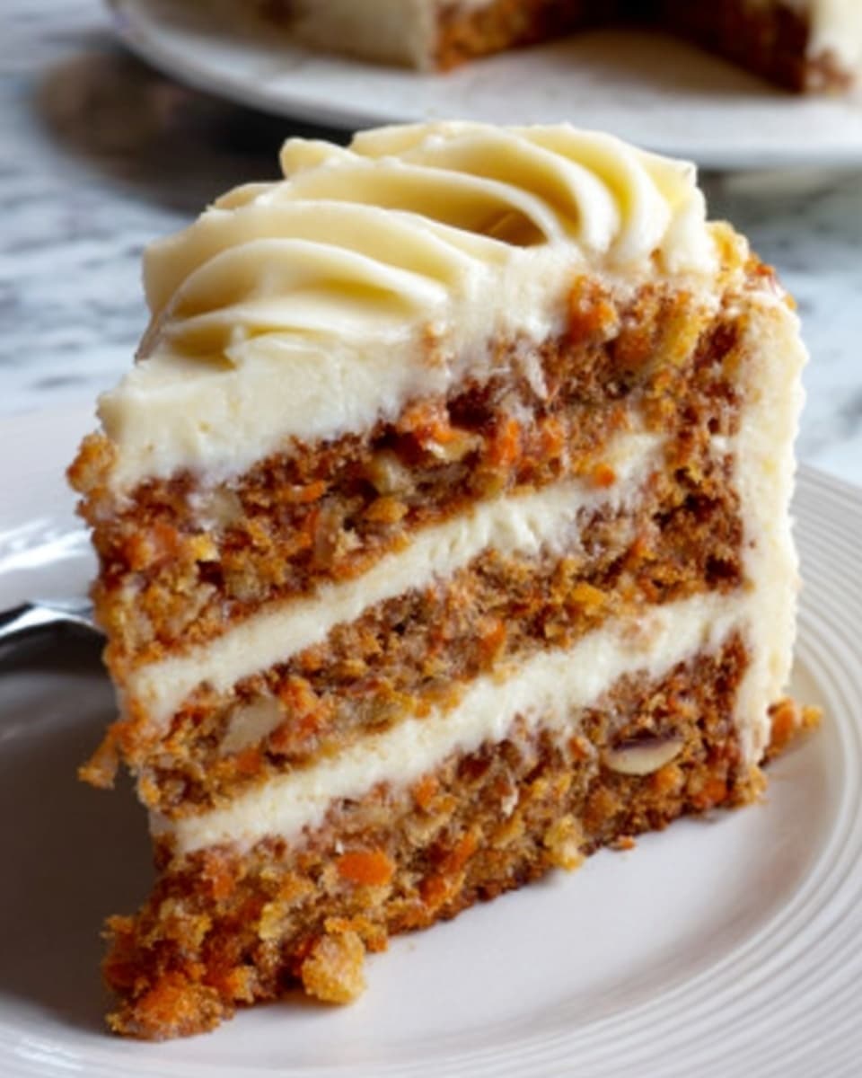 A close-up view of a piece of layered carrot cake on a white plate, set on a white marbled surface. The cake has three visible layers: the bottom and top layers are moist, brownish-orange with small pieces of carrot and nuts embedded, giving it a textured look; the middle layer is thick and creamy with a smooth, white frosting mixed with bits of cake. The top of the slice is covered with a thick layer of ivory cream cheese frosting, decorated with soft, swirled patterns that add a rich and fluffy texture. Photo taken with an iphone --ar 4:5 --v 7