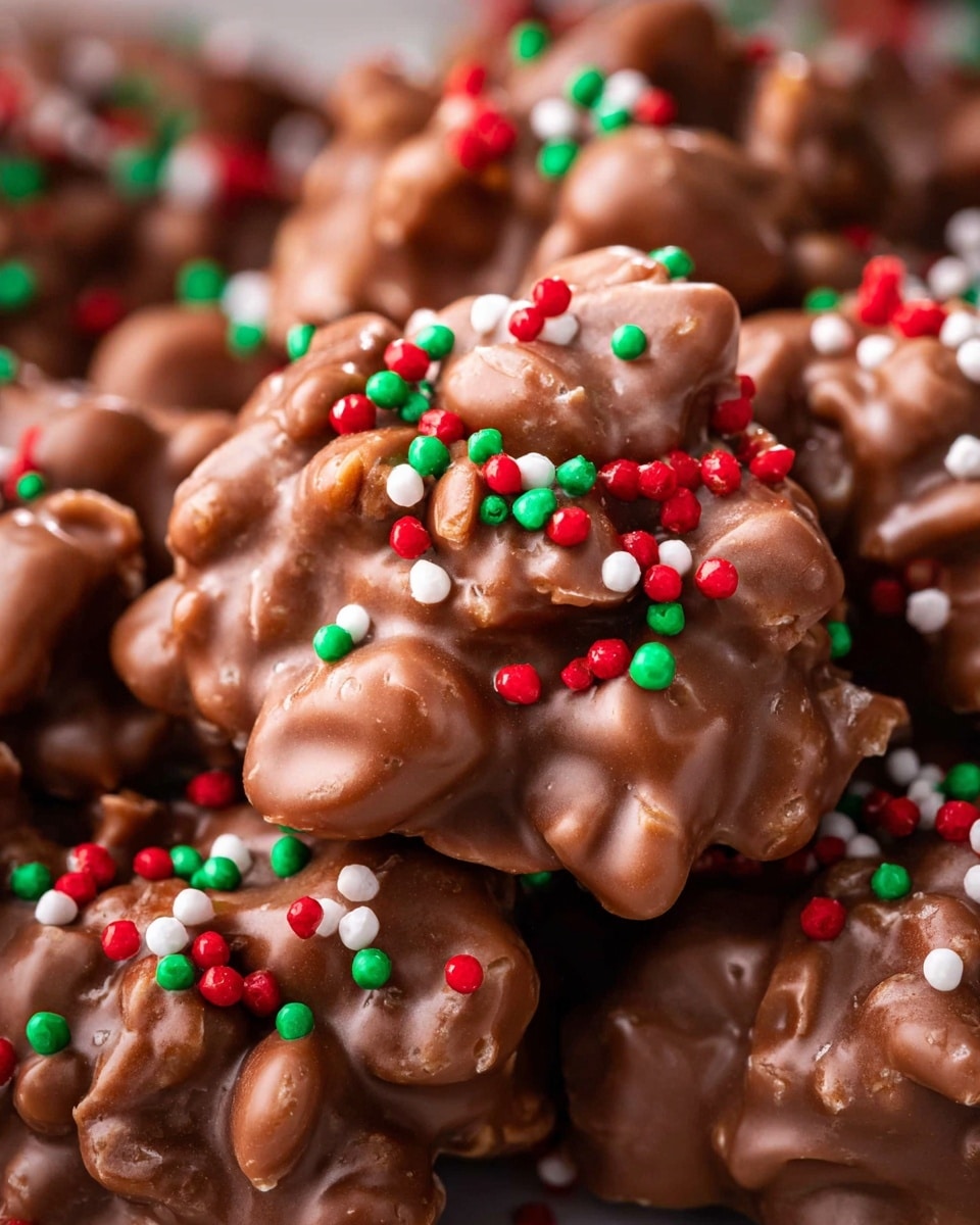 The image shows a close-up of several clusters of milk chocolate covered nuts or candies, each cluster layered with a thick, smooth milk chocolate coating that is slightly glossy. The clusters have an uneven, chunky texture from the ingredients inside. Scattered over the top of each cluster are small, round, red, white, and green sprinkles that add bright, festive pops of color and contrast against the brown chocolate. The focus is tight on the chocolate clusters, highlighting their shiny, bumpy surfaces and festive decoration with a soft, blurred background. photo taken with an iphone --ar 4:5 --v 7