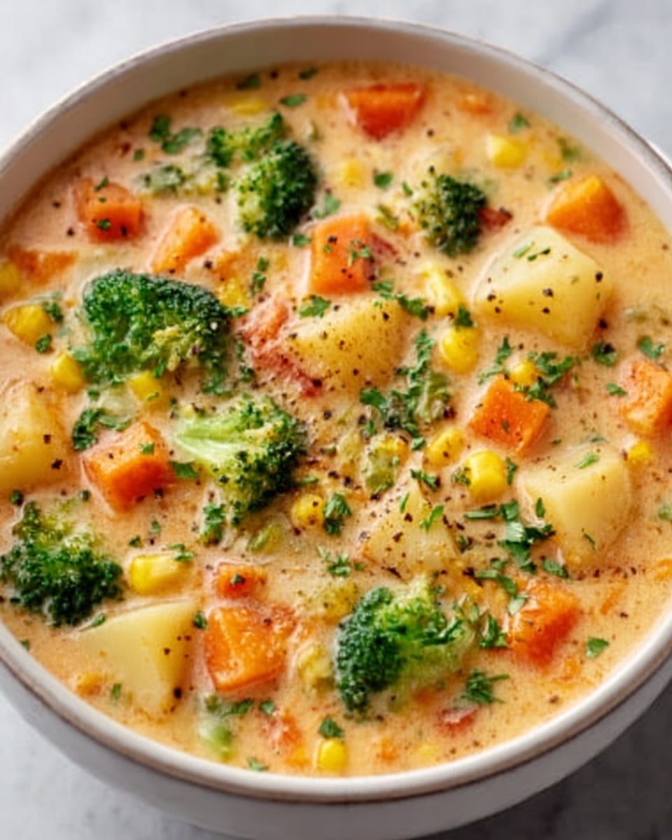 A close-up view of a white bowl filled with creamy vegetable soup. The soup has a light orange color and contains visible pieces of bright green broccoli, orange carrot chunks, yellow corn, and soft beige potato cubes, all mixed evenly throughout the creamy broth. Small green herb bits are sprinkled on top, adding a fresh touch. The bowl is placed on a white marbled surface. photo taken with an iphone --ar 4:5 --v 7