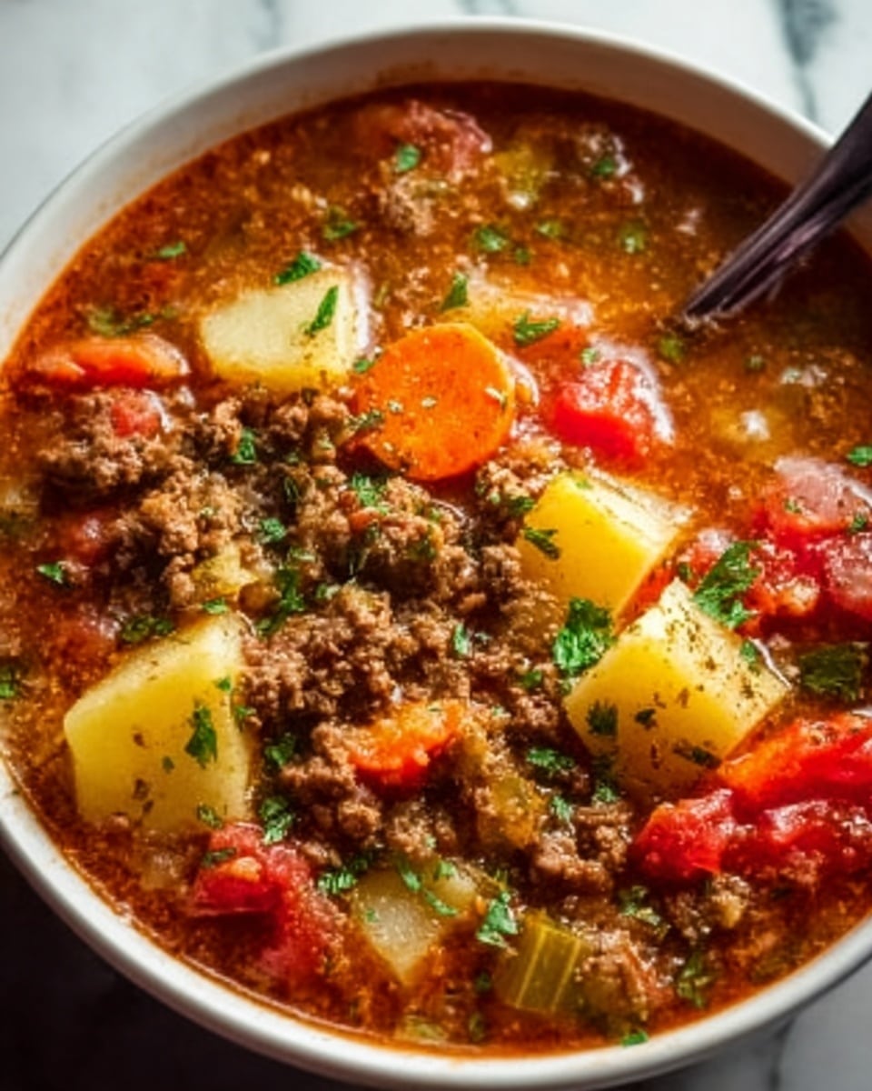 The image shows a close-up of a bowl filled with a thick beef stew. The stew has visible layers of chunky browned ground beef, soft yellow potato pieces, bright orange carrot slices, and red tomato chunks, all mixed in a rich, brown broth with herbs sprinkled on top. The bowl is white and sits on a white marbled surface. Photo taken with an iphone --ar 4:5 --v 7