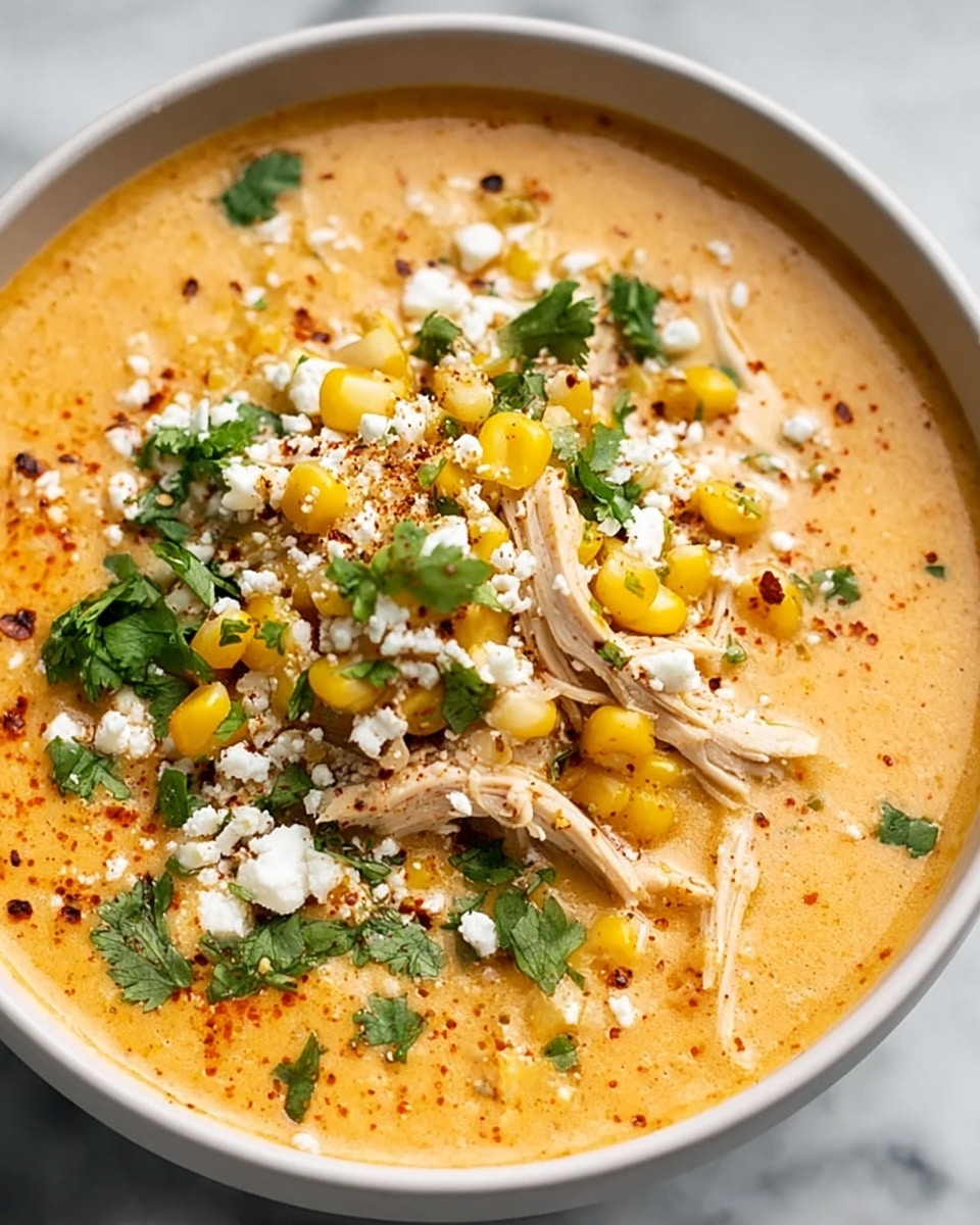 A white bowl filled with creamy, light orange soup as the base layer, with shredded light beige chicken spread across the surface. On top, bright yellow corn kernels add a pop of color, sprinkled with finely chopped green cilantro leaves. The soup is garnished with crumbled white cheese and a light dusting of black pepper and some red spices. The bowl sits on a white marbled surface. photo taken with an iphone --ar 4:5 --v 7
