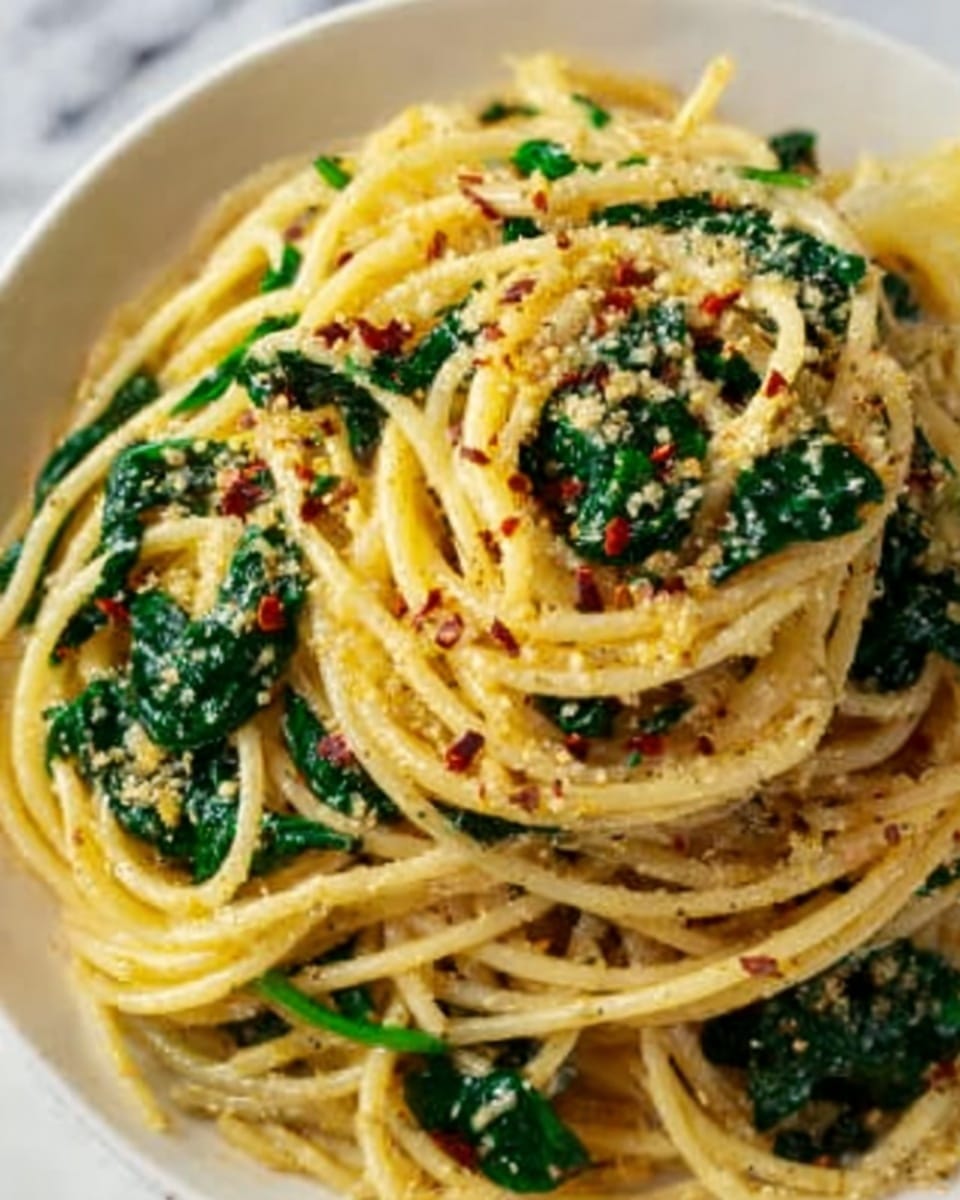 The image shows a close-up of a white plate filled with three layers of spaghetti pasta, each coated in a light yellow sauce. Mixed throughout are dark green spinach leaves which add contrast to the dish. Small bits of toasted breadcrumbs and red chili flakes are sprinkled on top, adding texture and hints of red and brown. The pasta strands are twisted loosely together, and the dish looks fresh and slightly glossy. In the background, there is a white marbled surface. Photo taken with an iphone --ar 4:5 --v 7