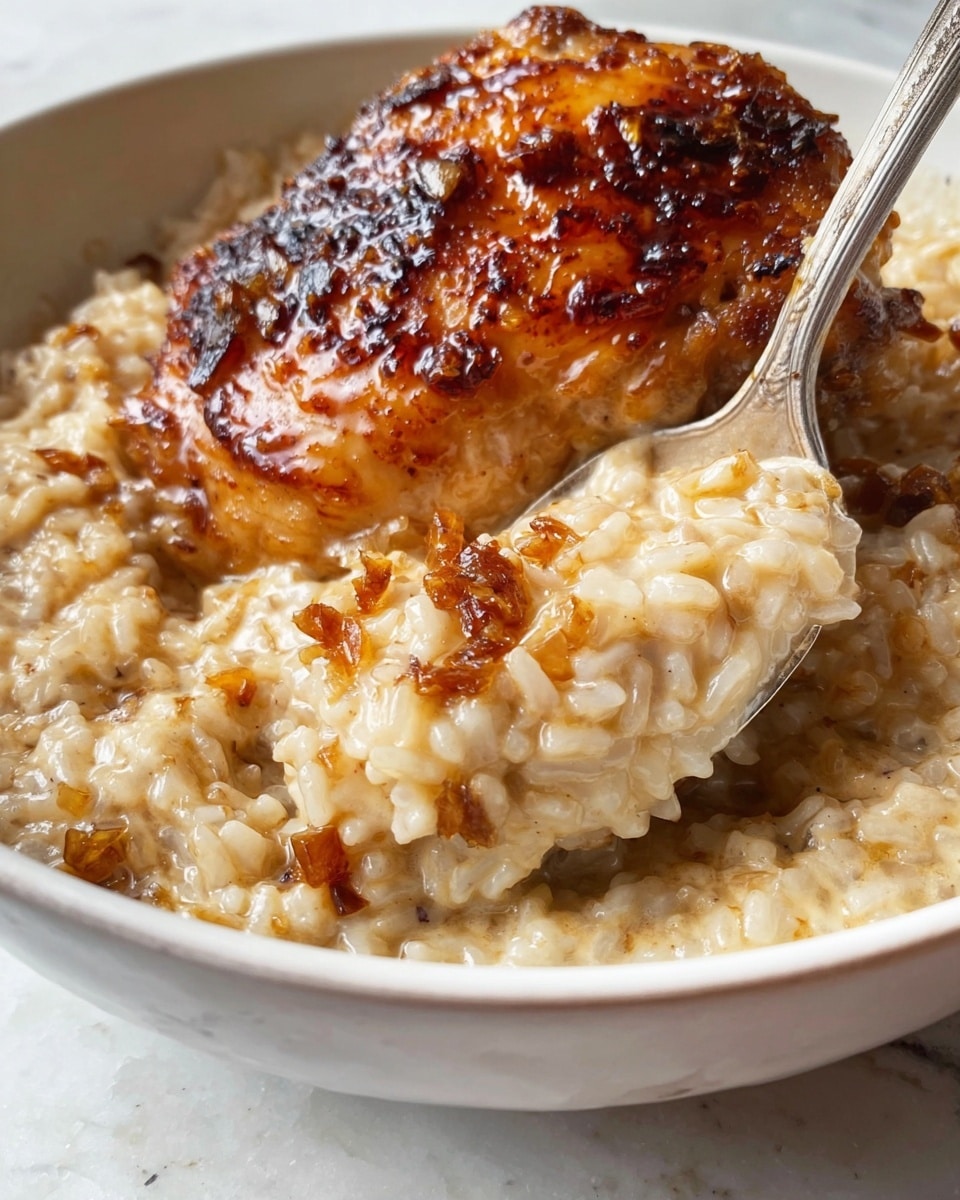 A close-up image of a cooked dish featuring a golden-brown, crispy chicken thigh with visible caramelized bits on top, resting on a creamy, thick bed of rice that appears soft and slightly sticky with a light beige color. A silver spoon scoops up some of the creamy rice from the white bowl beneath, revealing the rich texture of both the chicken and rice. The background surface is white with a subtle marbled texture. Photo taken with an iphone --ar 4:5 --v 7
