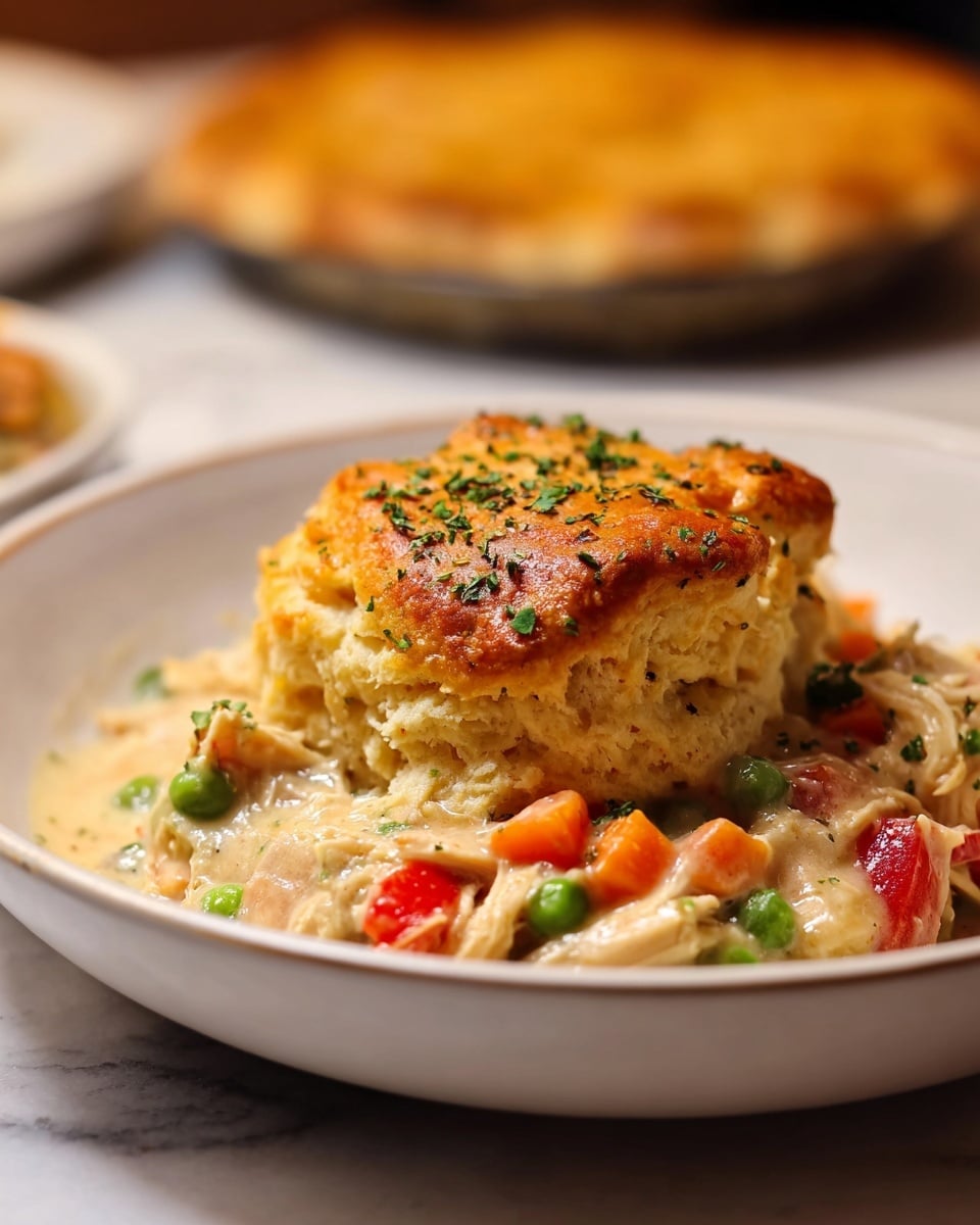 The dish shows a thick, golden-brown biscuit on top with a slightly shiny, crispy texture sprinkled with small green herbs. Below the biscuit is a creamy mix full of colorful cooked vegetables including bright orange carrots, red bell pepper pieces, and green peas, along with shredded light beige chicken all coated in a rich, pale sauce. The dish is served in a shallow white bowl on a white marbled texture surface, and there is a blurred background with a round pie dish. photo taken with an iphone --ar 4:5 --v 7