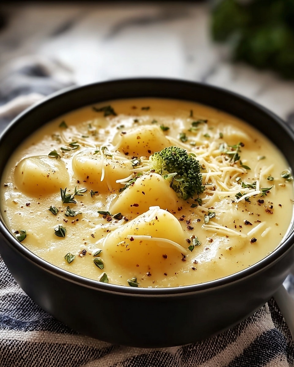 A black bowl filled with creamy yellow potato soup, showing several large, soft potato chunks floating near the top layer. The soup has a smooth, thick texture, sprinkled with small green herb leaves and black pepper bits scattered evenly. Thin strands of pale shredded cheese are lightly spread around the potato pieces, adding texture contrast. A small piece of broccoli is nestled among the potatoes, adding a pop of green. The bowl sits on a striped cloth over a white marbled surface visible in soft focus in the background. Photo taken with an iphone --ar 4:5 --v 7