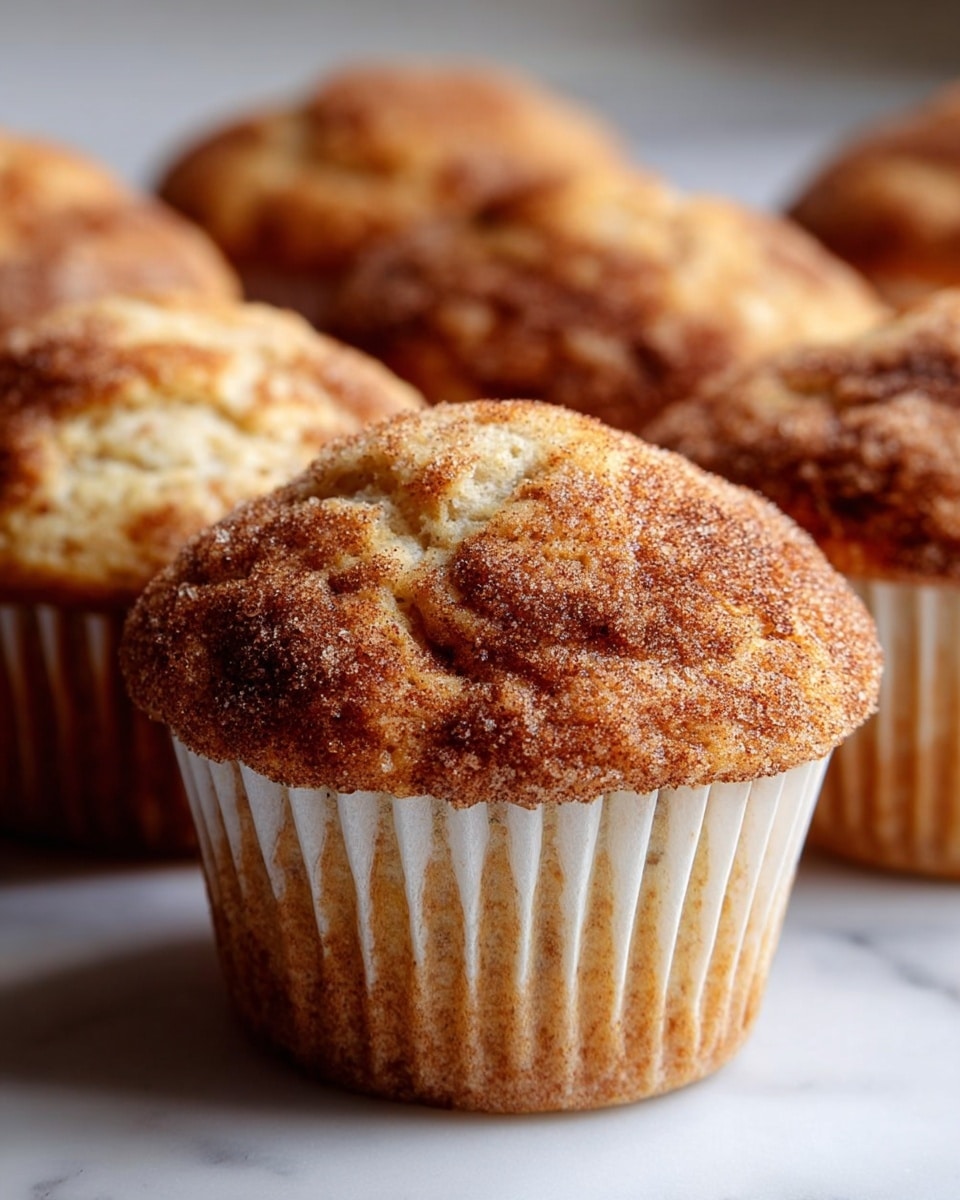 A close-up view of five muffins with a golden-brown, slightly cracked top layer sprinkled with a coarse cinnamon sugar mix, showing a rough, crumbly texture. The middle muffin is the focus, displaying a light beige base with darker brown cinnamon spots, wrapped in a white paper cup with vertical ridges. The muffins sit on a white marbled surface, with a soft background blur highlighting their texture and warm tones. photo taken with an iphone --ar 4:5 --v 7