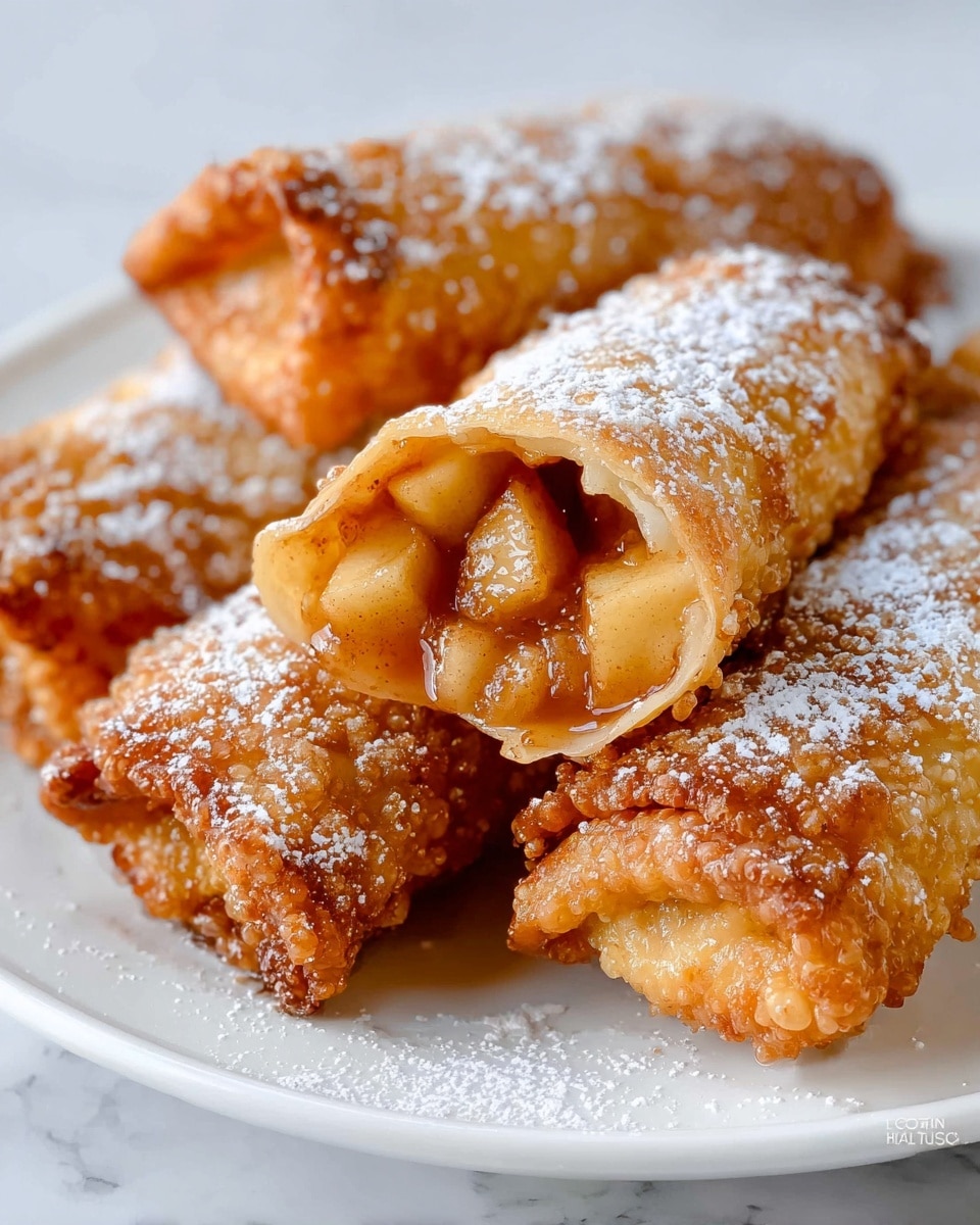 The image shows several golden-brown, crispy rolled pastries on a white plate. Each pastry has a bubbly, crunchy textured outer layer with a dusting of white powdered sugar on top. One pastry is cut open at the front, revealing a filling of soft, diced apple pieces coated in a sticky, cinnamon-spiced syrup that shines with a caramel glaze. The pastries are close together, arranged carefully on the plate resting on a white marbled surface. photo taken with an iphone --ar 4:5 --v 7