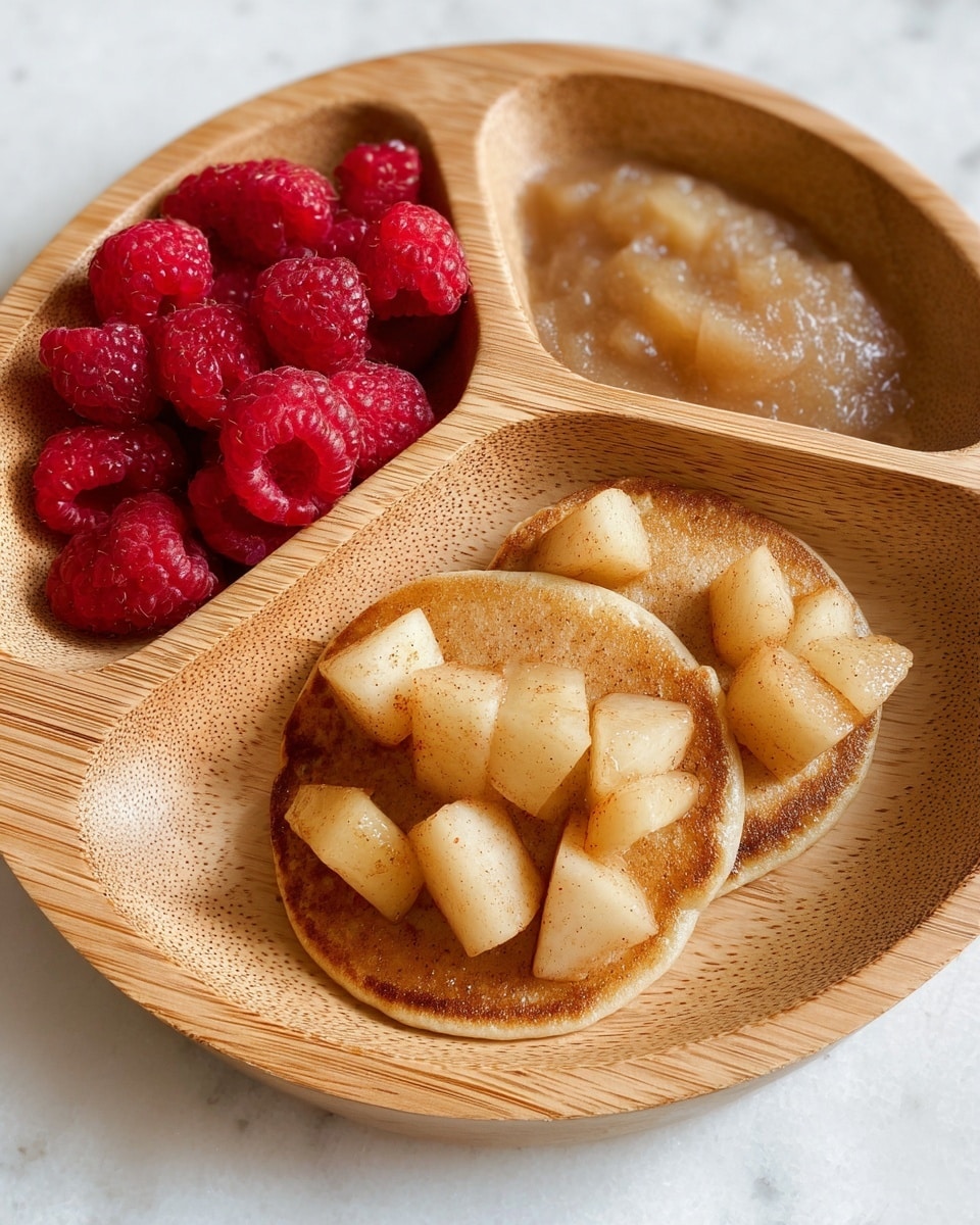 The image shows a wooden divided tray with three sections on a white marbled surface. In the largest section, two small golden-brown pancakes are topped with soft, cooked apple chunks that look lightly spiced, scattered evenly across the pancakes. The top right section holds a light brown, smooth, and slightly translucent applesauce or puree. The top left section contains bright red raspberries, fresh and plump, filling the compartment. The wood of the tray has a natural grainy texture, adding a warm tone to the presentation. photo taken with an iphone --ar 4:5 --v 7