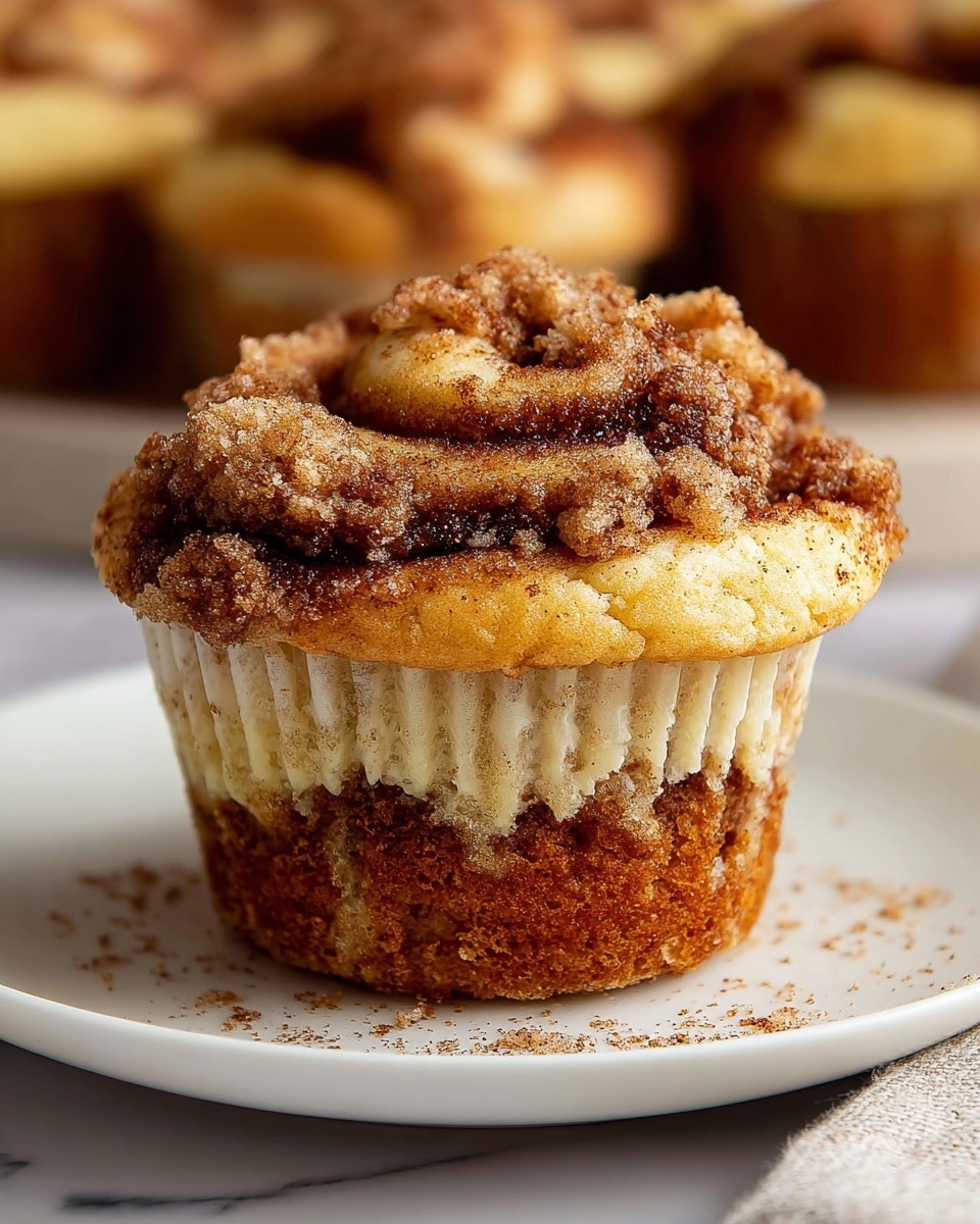 A single cinnamon roll muffin is shown up close on a white plate with a white marbled surface underneath. The muffin has two main layers: the bottom part is a baked, golden-brown cake with dark cinnamon specks, and the top part is a golden, swirled cinnamon roll with a crumbly, light brown streusel topping sprinkled with cinnamon powder. The muffin liner is white with cinnamon stains. The background shows blurred similar muffins. Photo taken with an iphone --ar 4:5 --v 7