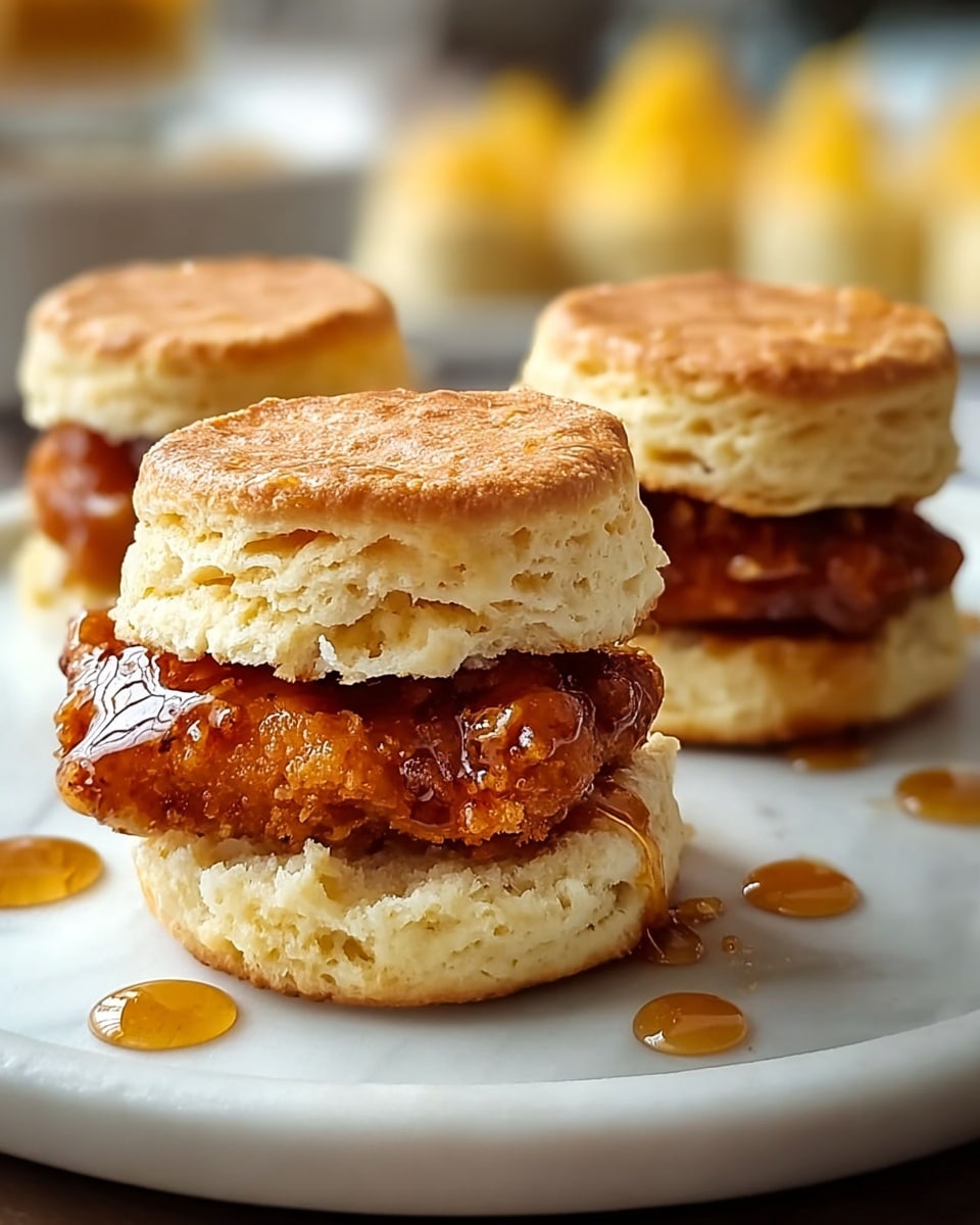 Three small sandwiches are shown on a white plate placed on a white marbled surface. Each sandwich has three layers: a bottom layer of soft, fluffy biscuit with a light golden-brown top; a middle layer of crispy fried chicken glazed with shiny honey sauce, giving it a golden-brown color; and a top layer of biscuit matching the bottom, slightly cracked and golden-brown. Small drops of honey sauce are drizzled around the sandwiches on the plate. The background is blurred, showing hints of yellow and white colors. photo taken with an iphone --ar 4:5 --v 7