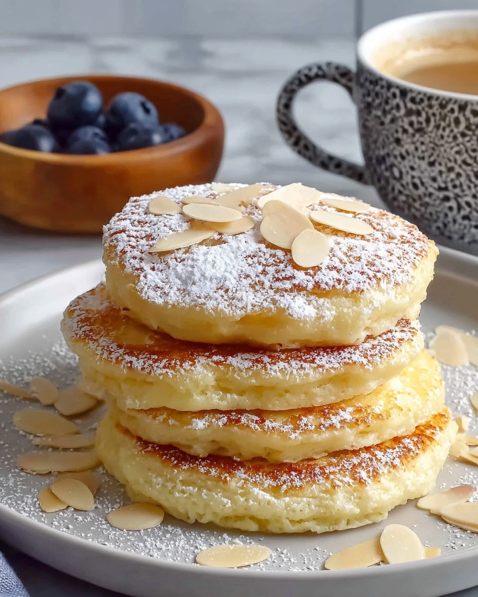 A stack of four thick, fluffy pancakes sits on a white plate over a white marbled surface. Each pancake is golden-brown on top with soft, light yellow, spongy sides. The pancakes are dusted generously with white powdered sugar and topped with thin, pale almond slices scattered across the top and around the plate. In the background, there is a small wooden bowl filled with dark blue blueberries and a white cup with a black patterned design filled with coffee. photo taken with an iphone --ar 4:5 --v 7