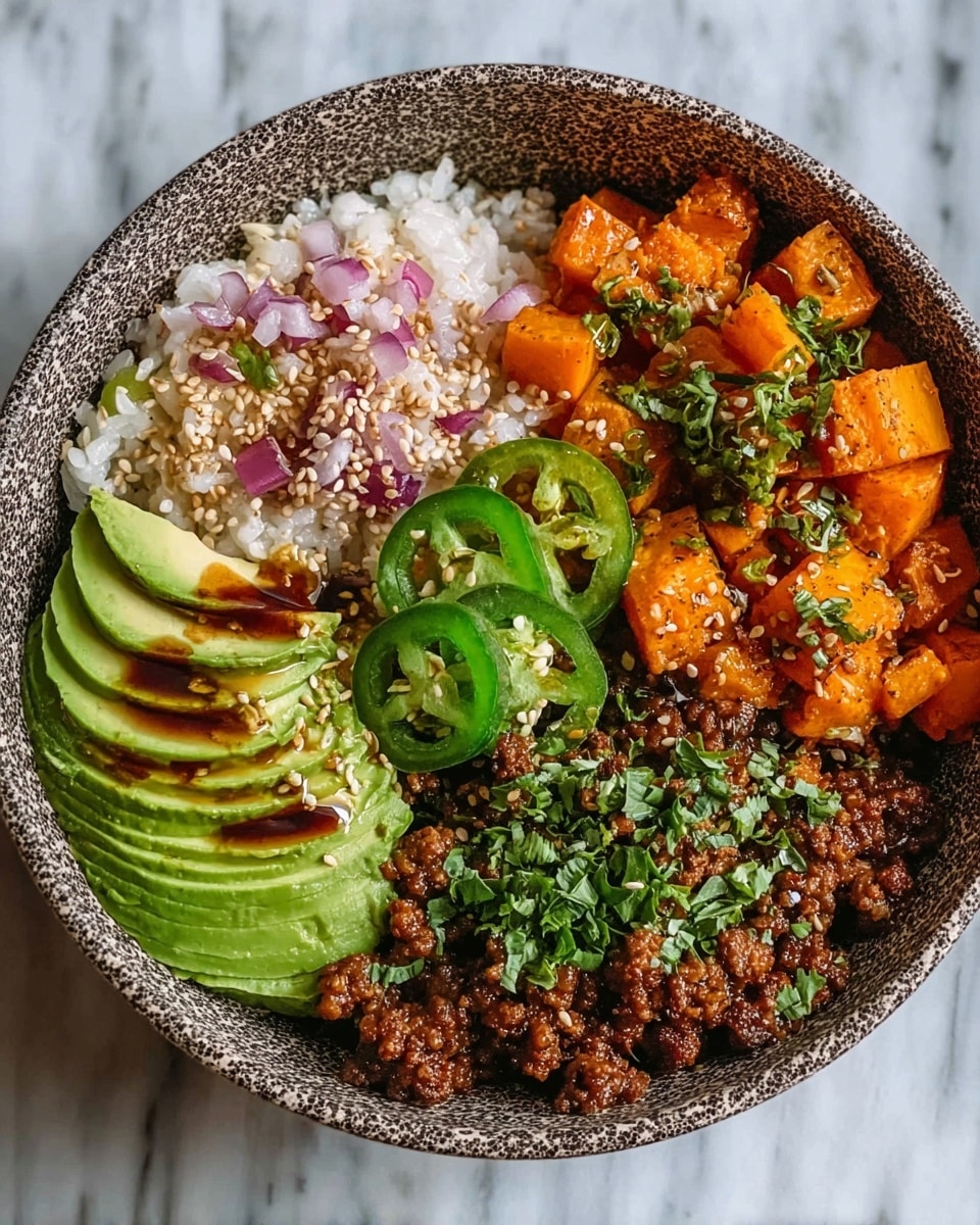 This dish is served in a speckled bowl filled with five distinct layers arranged side by side. In the bottom right corner, there is a pile of dark brown cooked ground meat sprinkled with green chopped herbs. Next to it, on the top right, are orange roasted sweet potato cubes with a slightly caramelized texture, topped with green herbs. In the top center, there are bright green sliced jalapeño rings. To the left, a mound of white rice mixed with small pieces of red onion and sprinkled with sesame seeds fills the space. Finally, in the bottom left corner, there is a fan of green avocado slices drizzled with a dark sauce and sprinkled with sesame seeds, all placed on a white marbled surface. photo taken with an iphone --ar 4:5 --v 7
