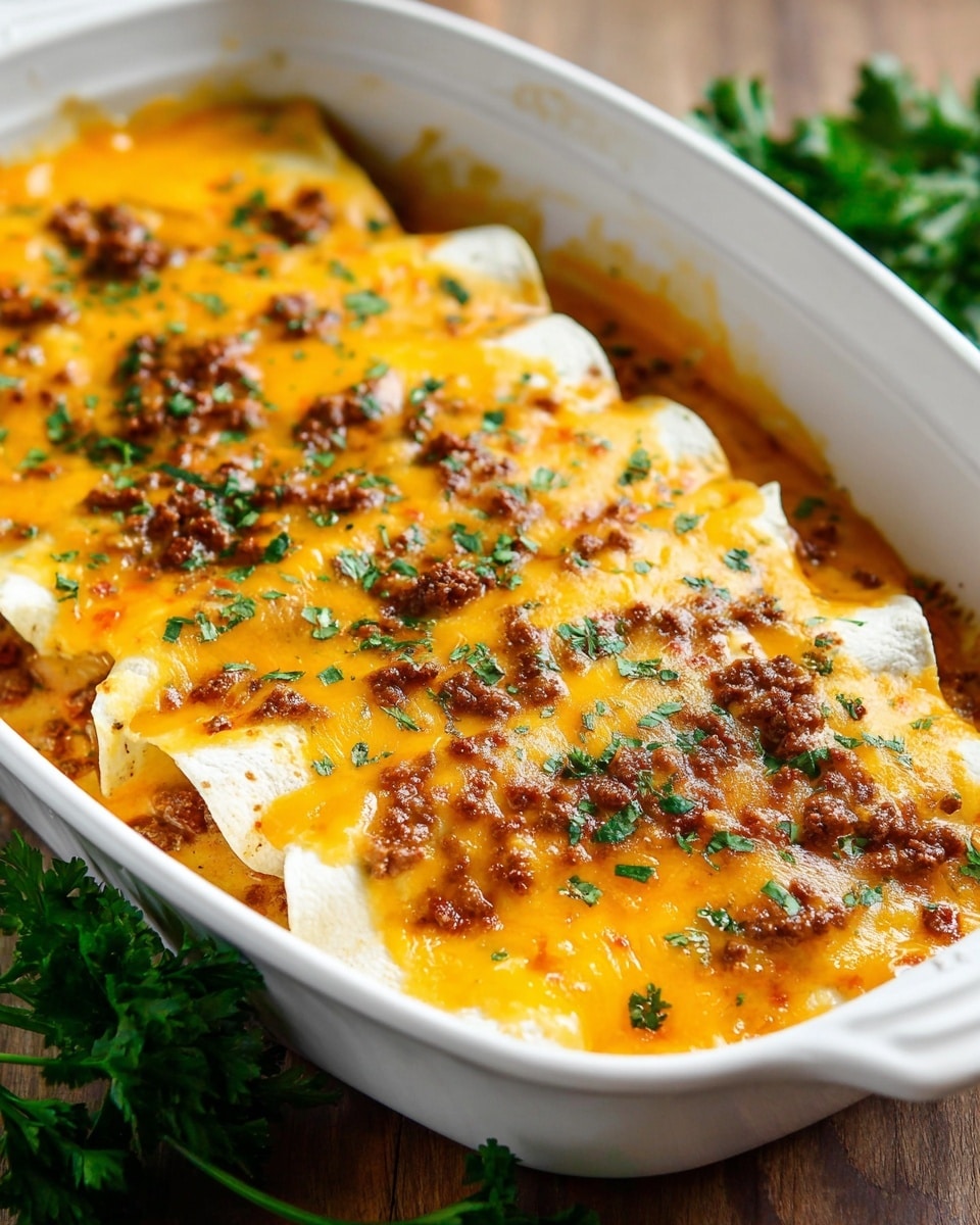 A white oval baking dish is filled with a layered baked dish featuring four rolled tortillas arranged side by side. The tortillas are covered with rich, melted orange-yellow cheese that forms a smooth, shiny top layer. Small bits of browned ground meat are scattered across the cheese, adding texture and color contrast with brown specks. The dish is sprinkled with small, fresh green herb pieces, likely cilantro or parsley, adding bright green accents. The edges of the tortillas peek out from under the cheese, showing a soft white color. The dish is placed on a wooden surface with a small bunch of fresh parsley in the foreground. photo taken with an iphone --ar 4:5 --v 7