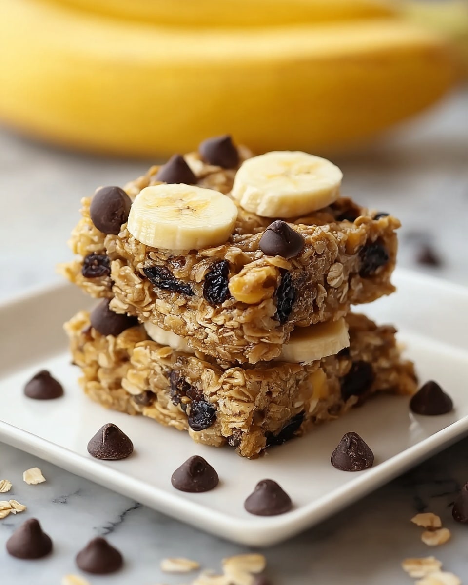 Two square oatmeal bars are stacked on a white square plate placed on a white marbled surface. Each bar has a dense, textured layer made from light brown oats mixed with dark raisins visible inside. On the top bar, round banana slices with light yellow color are evenly spread. Dark brown, glossy chocolate chips are scattered on and around the bars, adding small rounded details. A blurred yellow banana is in the background, adding a soft contrast. Photo taken with an iphone --ar 4:5 --v 7