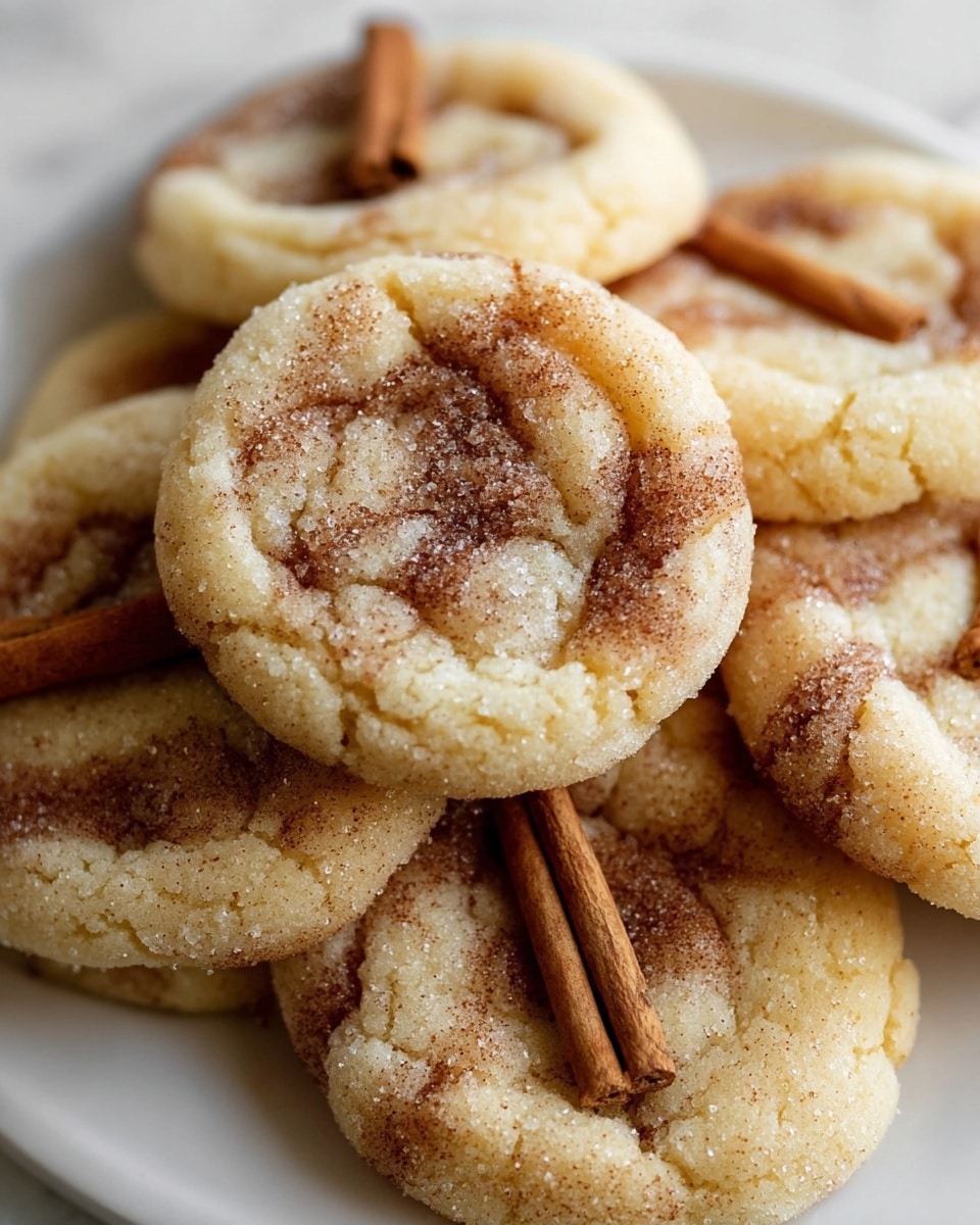 The image shows several soft, round cookies with a light golden base and swirls of cinnamon brown throughout. The surface of each cookie has a slightly cracked texture and is coated with fine sugar crystals that glisten under the light. Some cookies are topped with small cinnamon sticks placed on top, adding a rustic touch. The cookies are closely stacked together on a white plate, which sits on a white marbled surface. Photo taken with an iphone --ar 4:5 --v 7