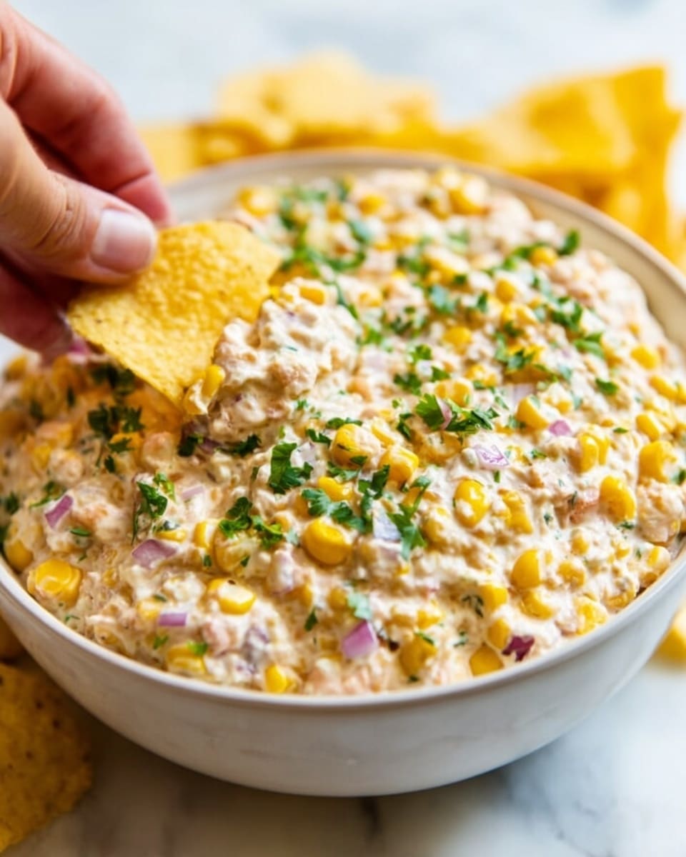 A white bowl filled with a creamy corn dip that has visible yellow corn kernels, small pieces of red onion, and green herbs mixed throughout. The dip looks thick and slightly chunky with a smooth texture. On top, finely chopped green herbs are sprinkled as garnish. A woman's hand is dipping a yellow tortilla chip into the bowl, with more chips slightly blurred in the background. The bowl sits on a white marbled surface. Photo taken with an iphone --ar 4:5 --v 7