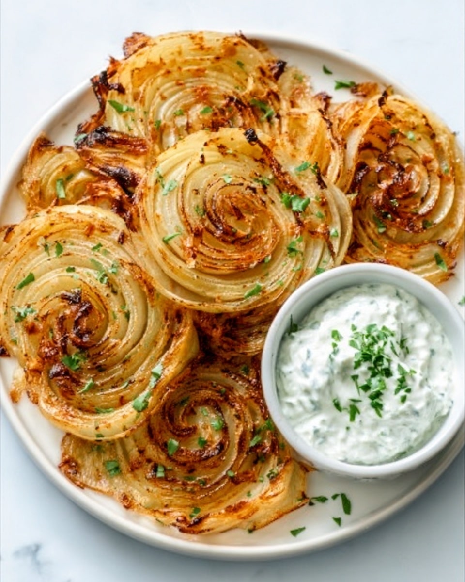 The image shows a white plate with several onion slices that are thinly cut and cooked until golden brown and slightly crispy, arranged in a layered circular pattern covering most of the plate. The onion slices have visible grill marks and slightly charred edges, with some small green chopped herbs sprinkled on top for a fresh touch. To the side of the onions on the plate, there is a small white bowl filled with white creamy dip, garnished with chopped green herbs. The plate sits on a white marbled surface. Photo taken with an iphone --ar 4:5 --v 7