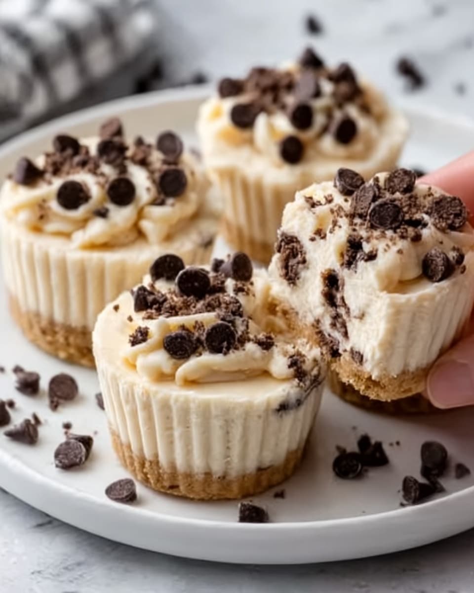 The image shows four small creamy cheesecakes placed on a white plate with small chocolate chips and cookie crumbs on top. Each cheesecake has two layers: a beige cookie crumb base and a thick light cream cheese layer with chocolate chips mixed inside. The top layer is decorated with scattered chocolate chips and crushed cookie crumbs. One cheesecake is being held by a woman's hand, showing the smooth texture and detailed layers. The plate sits on a white marbled surface. Photo taken with an iphone --ar 4:5 --v 7