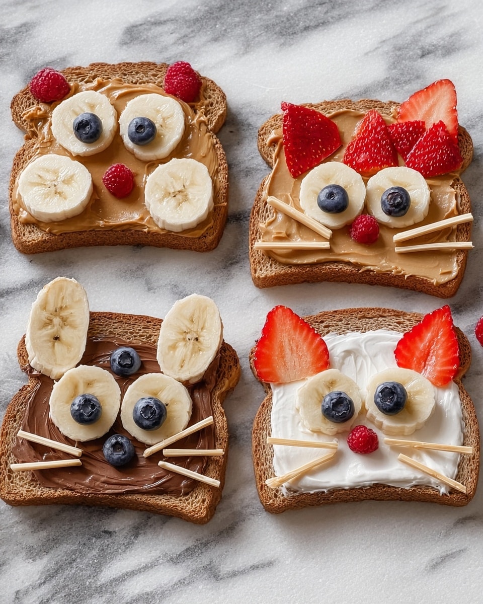 Five slices of brown bread are decorated with spreads and fruit to look like animal faces on a white marbled surface. The first slice on the bottom left has a chocolate spread base with two large banana slices as ears on the sides, two blueberries as eyes, and a banana slice with a line cut for the mouth. The second slice at the upper left has a peanut butter base with two banana slices and blueberries for eyes, a small red berry as a nose, and strawberry slices on the sides as ears or cheeks. The middle slice shows a peanut butter base shaped like a cat face with two strawberry slices as ears, two blueberries as eyes, a strawberry slice as the nose, and thin banana slices as whiskers. The top right slice has a chocolate spread base with banana slices and blueberries as eyes, and a few strawberry slices arranged on the right side resembling hair or feathers. The bottom right slice has a white cream spread base, two banana slices and blueberries as eyes, a small red berry as nose, and strawberry slices arranged to the sides that look like ears. photo taken with an iphone --ar 4:5 --v 7
