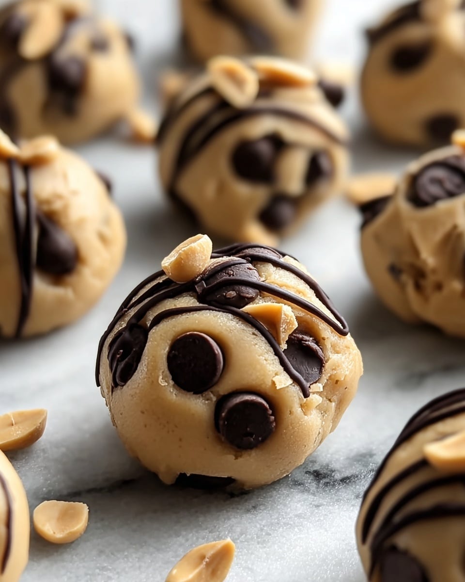 The image shows several round cookie dough balls on a white marbled surface, each topped with multiple dark brown chocolate chips scattered unevenly on the light tan dough. The dough balls are drizzled with thin, shiny dark chocolate lines across the top, adding a glossy contrast to the matte dough. A few light-colored peanut pieces are placed on top of some dough balls, creating a layered, textured look. The dough appears soft and creamy with slight distortions in shape. The focus is on one ball in the center with the others softly blurred in the background. photo taken with an iphone --ar 4:5 --v 7