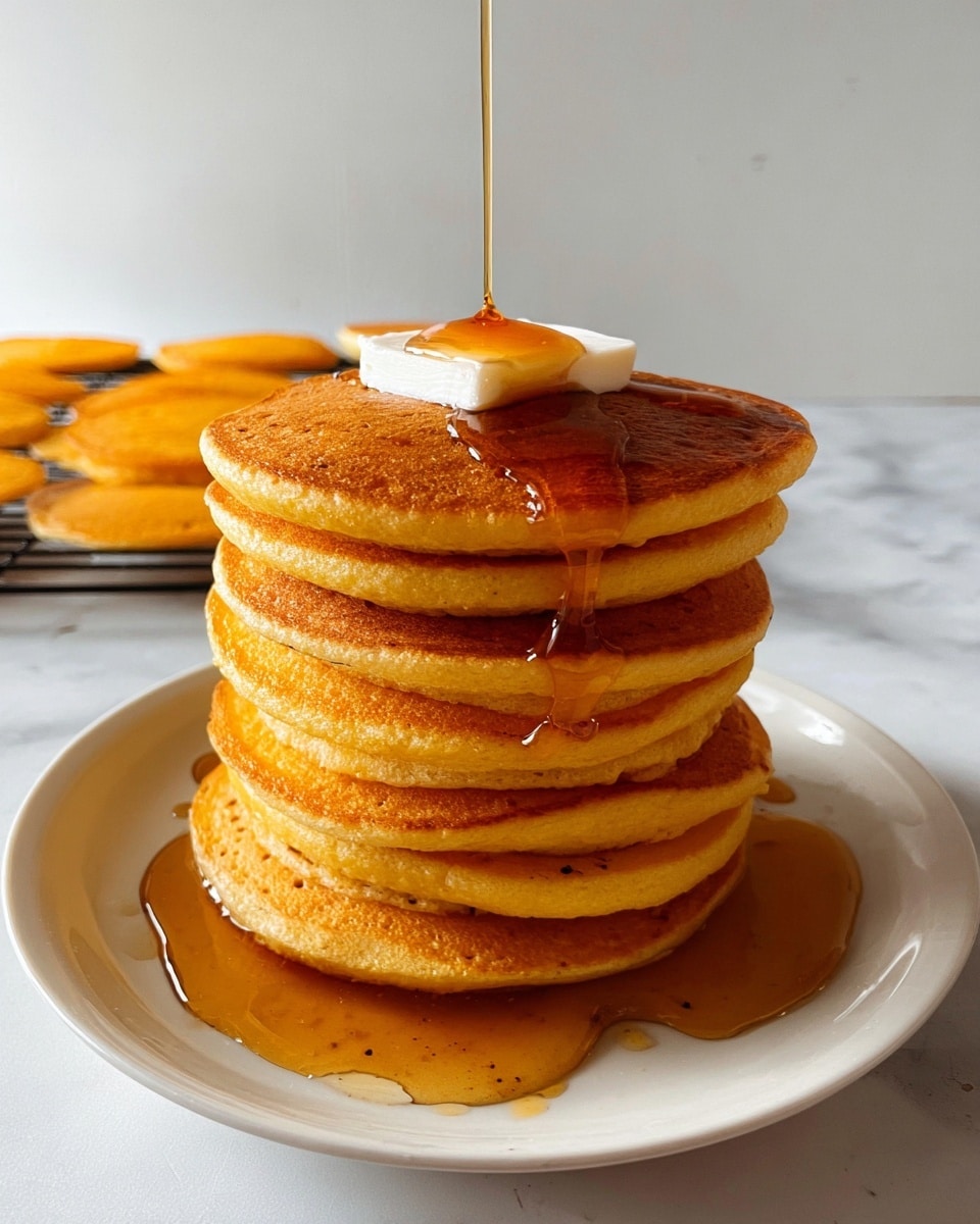 A tall stack of seven golden-brown pancakes sits in the center of a white plate on a white marbled surface. The pancakes have a fluffy texture with slight browning on top. On the top pancake, there is a thick square of white butter that has smooth edges. Amber syrup is being poured from above, creating a thick stream that drips down the layers and pools on the plate. In the background, six more pancakes with similar color and texture rest on a cooling rack against a plain white wall. The photo taken with an iphone --ar 4:5 --v 7