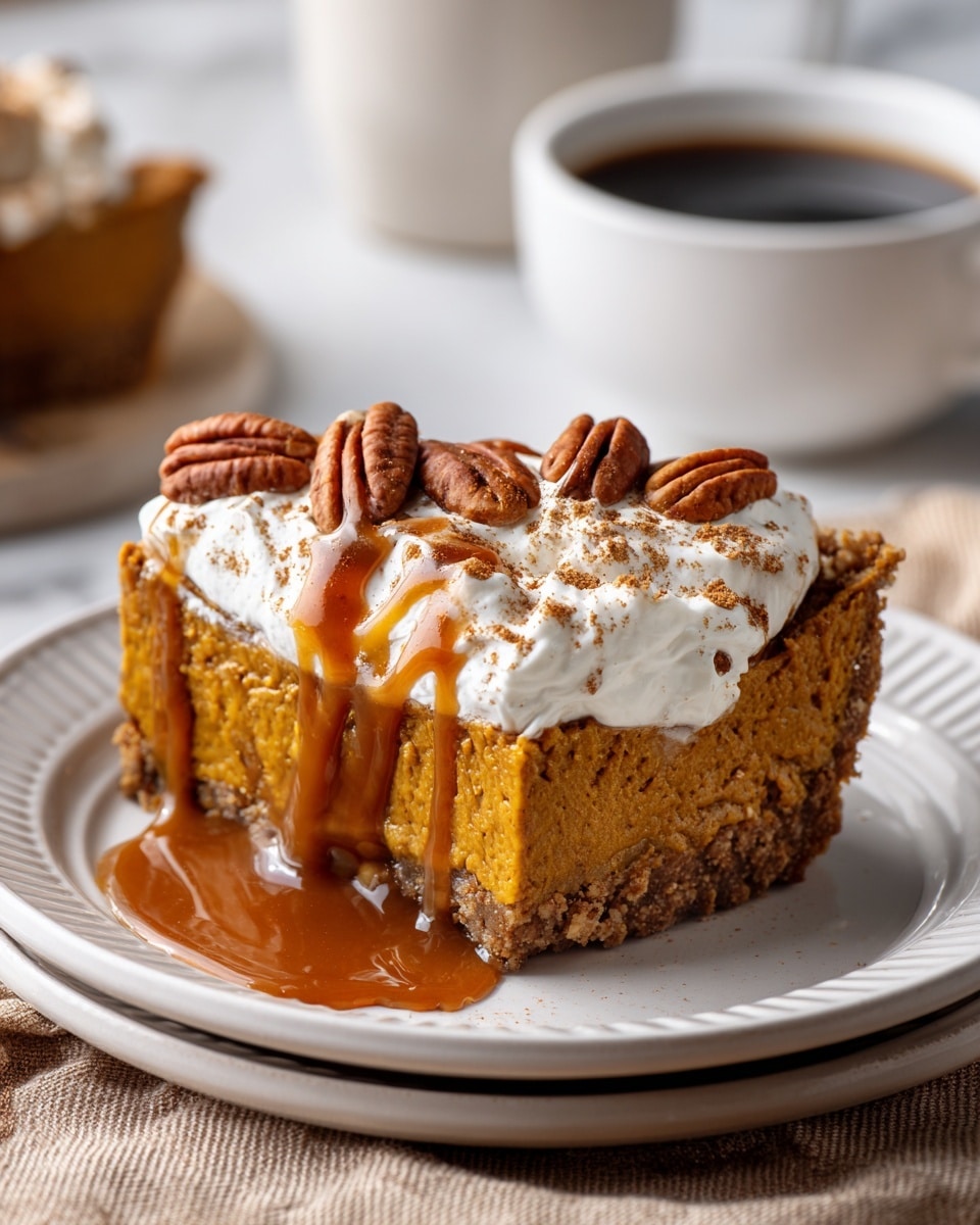 A slice of pumpkin pie with a thick orange-brown filling sits on a white plate with ridged edges. The pie has a firm, crumbly brown crust at the bottom, and the top is covered with a layer of white whipped cream, sprinkled with cinnamon and topped with several pecan halves. Rich caramel sauce is drizzled over the whipped cream and dripping down the side of the slice. The plate is placed on a light brown textured cloth, and in the blurred background, there is a white ceramic cup filled with a dark beverage and part of a white bowl visible on a white marbled surface. Photo taken with an iphone --ar 4:5 --v 7