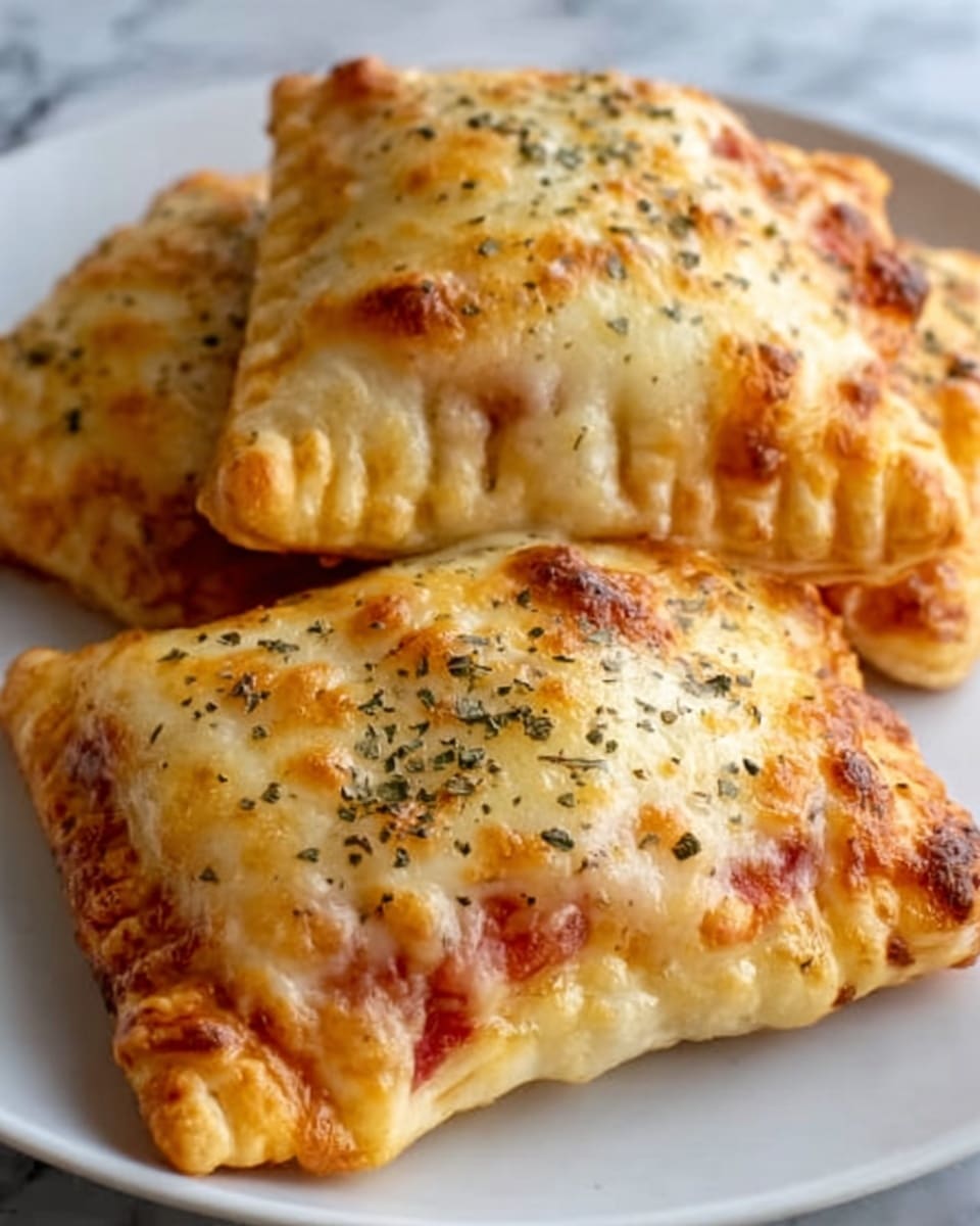 The image shows three folded pizza pockets on a white plate sitting on a white marbled surface. Each pocket has a golden brown, slightly crispy dough with some darker browned spots and is topped with melted cheese that is lightly browned and bubbly. The cheese layer covers the tops and edges, sprinkled with dried herbs, giving a speckled green and brown texture. The pockets look stuffed, with some small spots of red sauce visible near the edges under the cheese. The edges of the dough are crimped, showing thickness and a soft texture under the crispy crust. photo taken with an iphone --ar 4:5 --v 7