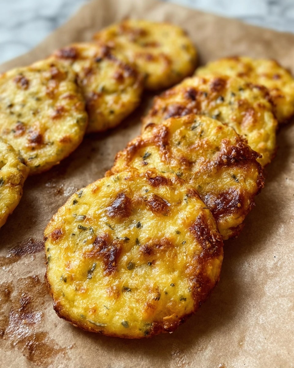 The image shows several flat, round snacks baked until golden brown with a slightly crispy texture. Each piece has a roughly circular shape and is golden yellow with darker, browned spots scattered across the surface, indicating melted cheese and herbs baked into the mix. The pieces are arranged in a line on top of a brown parchment paper, which has some oil spots around the edges. The close-up view highlights the uneven texture with small bits of cheese and herbs visible within each snack. The background is a white marbled texture. photo taken with an iphone --ar 4:5 --v 7