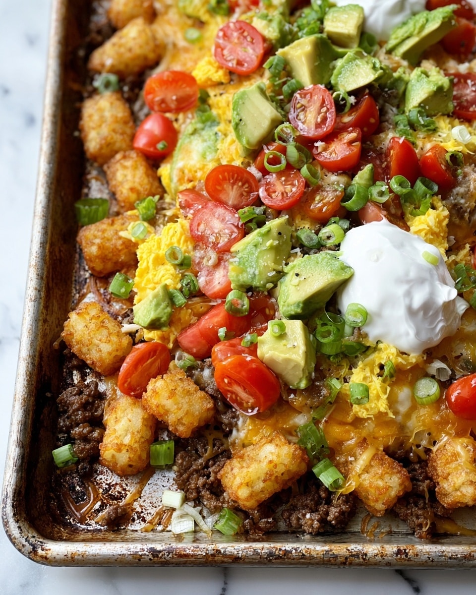 The dish shows a single thick layer of crispy golden-brown tater tots at the bottom, topped with a browned, crumbly layer of cooked ground beef mixed with melted cheese peeking out, then a layer of bright yellow scrambled eggs scattered unevenly on top, followed by chunks of light green avocado and halved red cherry tomatoes placed generously over the eggs. There are thin slices of green onions sprinkled all over, and a dollop of white sour cream sits prominently on the right side. The food is presented on a slightly greasy baking sheet with a worn texture, set against a white marbled background. photo taken with an iphone --ar 4:5 --v 7