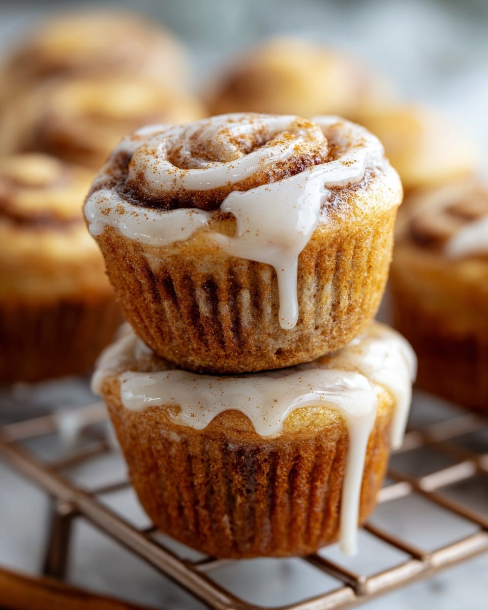 A stack of two cinnamon roll muffins, each showing three visible layers: a golden-brown baked muffin base with visible cinnamon swirls, a thick creamy white icing layer drizzled over the top and down the sides, and a light sprinkling of cinnamon powder on the icing adding texture and color contrast. The muffins sit on a white wire rack with additional muffins blurred softly in the background, all set on a white marbled surface with soft natural lighting highlighting the moist texture and glossy icing. photo taken with an iphone --ar 4:5 --v 7