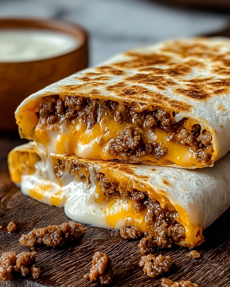 A close-up of a folded burrito cut in half, showing two layers inside: the top layer has golden melted cheddar cheese mixed with browned ground beef, and the bottom layer has white melted cheese blending with more browned ground beef. The outside is a toasted, lightly browned tortilla with visible grill marks, resting on a dark wooden surface with some pieces of ground beef spilled nearby. In the background, there is a blurred bowl with a creamy white sauce. The scene is set on a white marbled texture surface. photo taken with an iphone --ar 4:5 --v 7