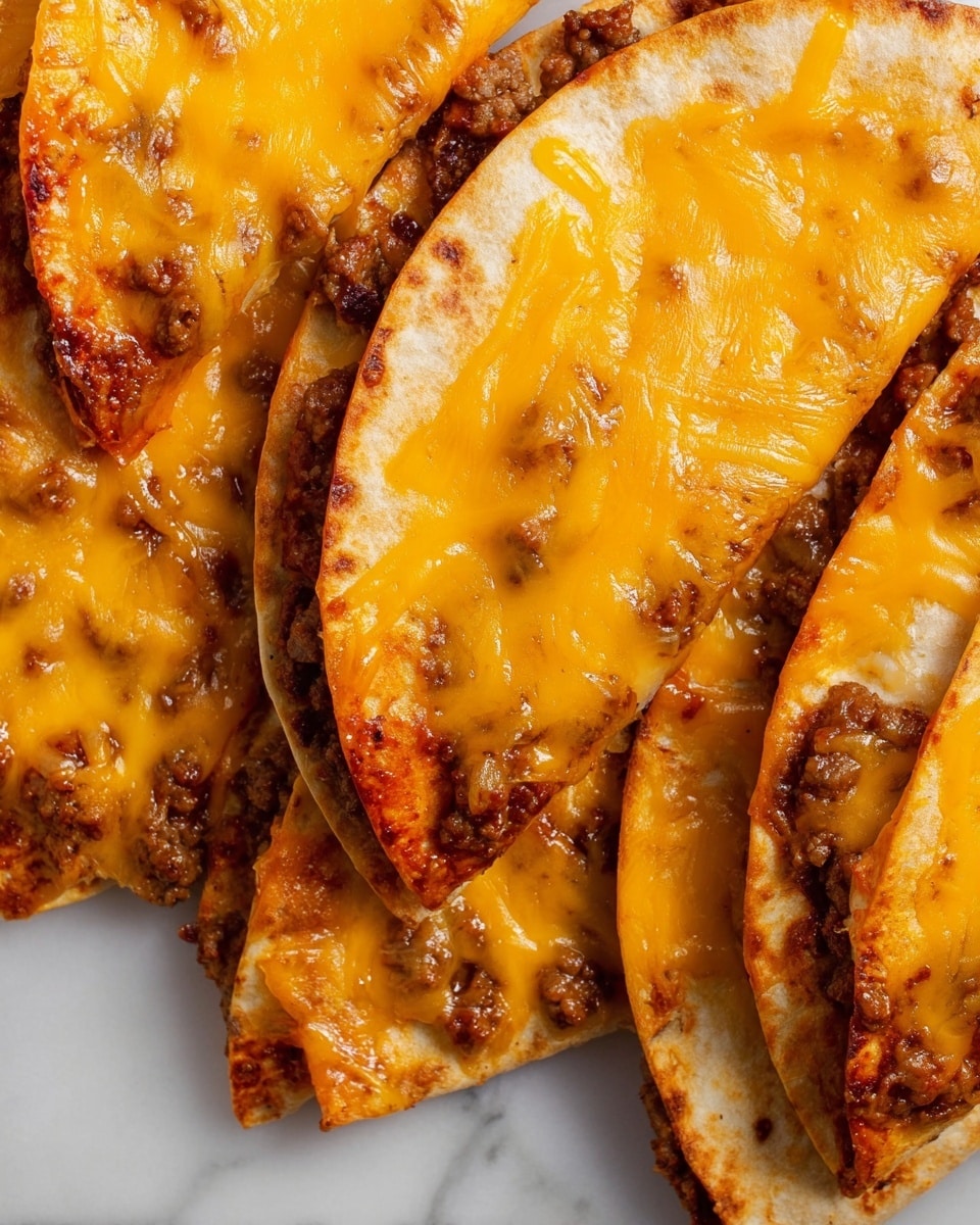 The image shows several folded tortillas filled with seasoned ground beef, arranged closely together on a white marbled surface. Each folded tortilla has a golden-brown crispy texture with melted orange cheddar cheese generously covering the top, creating a glossy finish. The edges of the tortillas show browned, slightly crunchy areas where the cheese has melted and cooked together with the filling. The bright orange cheese contrasts with the darker brown beef peeking out from inside each fold, and the layering is simple with two clear layers: the soft, folded tortilla on the outside and the meat filling inside topped by melted cheese. The photo taken with an iphone --ar 4:5 --v 7