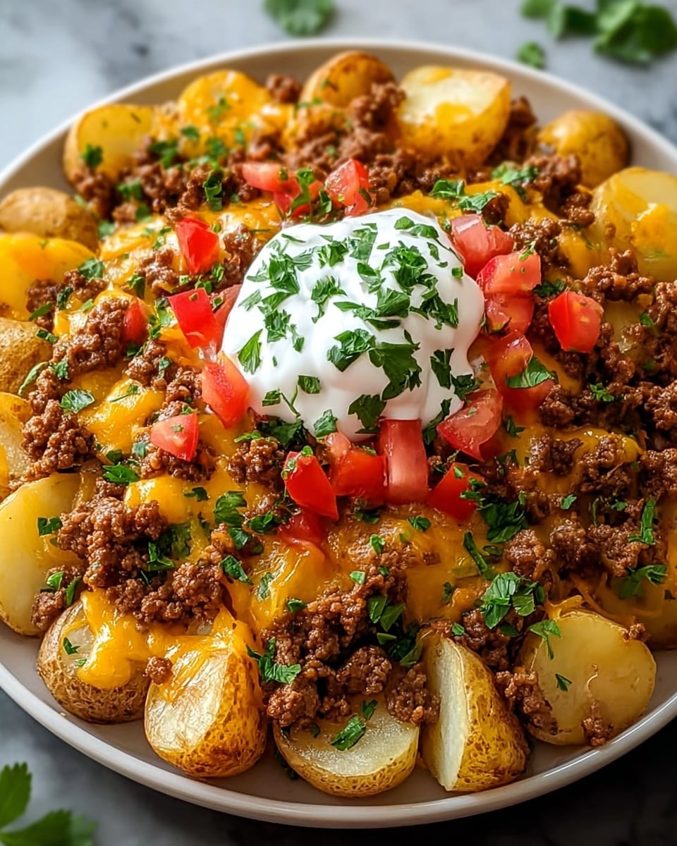 A white plate holds a base layer of halved golden baby potatoes with skins on, arranged closely covering the plate. The second layer is a generous amount of cooked ground beef, rich and crumbly in texture, scattered over the potatoes. Melted bright orange cheddar cheese blankets parts of the beef, oozing smoothly in patches. On top, there are small diced red tomatoes adding fresh vibrant color. The final layer is a dollop of smooth white sour cream sitting at the center, garnished with chopped bright green fresh parsley leaves sprinkled all over. The dish is set against a white marbled surface. photo taken with an iphone --ar 4:5 --v 7