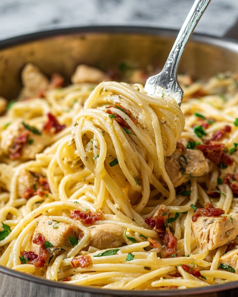 A close-up view of creamy spaghetti pasta mixed with small pieces of cooked chicken and bits of crispy red bacon, all lightly coated in a pale yellow sauce. The pasta strands look smooth and glossy, entwined on a shiny silver fork held above the pan. Bright green chopped herbs are scattered throughout the dish, adding a touch of fresh color. The pasta and chicken are nestled in a shallow metal pan, with the white marbled texture surface faintly visible in the background. Photo taken with an iphone --ar 4:5 --v 7