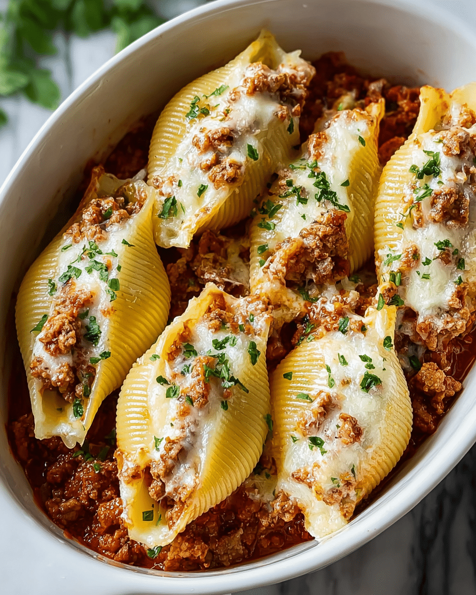 The image shows five large pasta shells arranged side by side in a white oval dish with a layer of red meat sauce at the bottom. Each shell is filled with a creamy white cheese mixture and topped with melted golden brown cheese and bits of cooked ground meat. Green chopped herbs are sprinkled over the top, adding a fresh contrast to the rich colors. The pasta shells have a ridged texture and are slightly browned at the edges. The dish is placed on a white marbled surface with some green blurred background. photo taken with an iphone --ar 4:5 --v 7