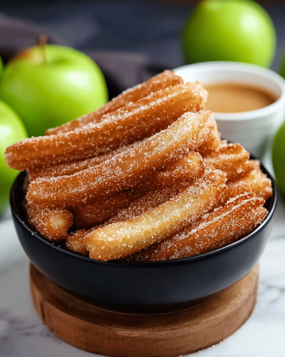 A black bowl filled with stacked churros that are golden brown and coated in sugar and cinnamon. The churros are thick sticks, layered in different directions inside the bowl, showing their crunchy texture with sparkling sugar grains. In the blurred background, there are green apples and a small white bowl with a light brown sauce. The bowl is placed on a wooden round base, and the setting is on a white marbled surface. photo taken with an iphone --ar 4:5 --v 7