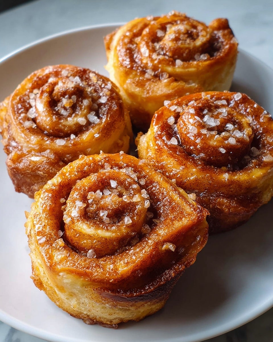 Four cinnamon rolls shaped like roses sit closely together on a white plate. Each roll has soft, golden brown layers of dough spiraled upwards with a rich cinnamon sugar coating that glistens, topped with scattered coarse sugar crystals that catch the light. The rolls have a slightly caramelized texture on the edges, showing a mix of light beige and darker brown hues, with some shiny sticky glaze on top. The plate rests on a white marbled surface, and the image feels warm and inviting. photo taken with an iphone --ar 4:5 --v 7