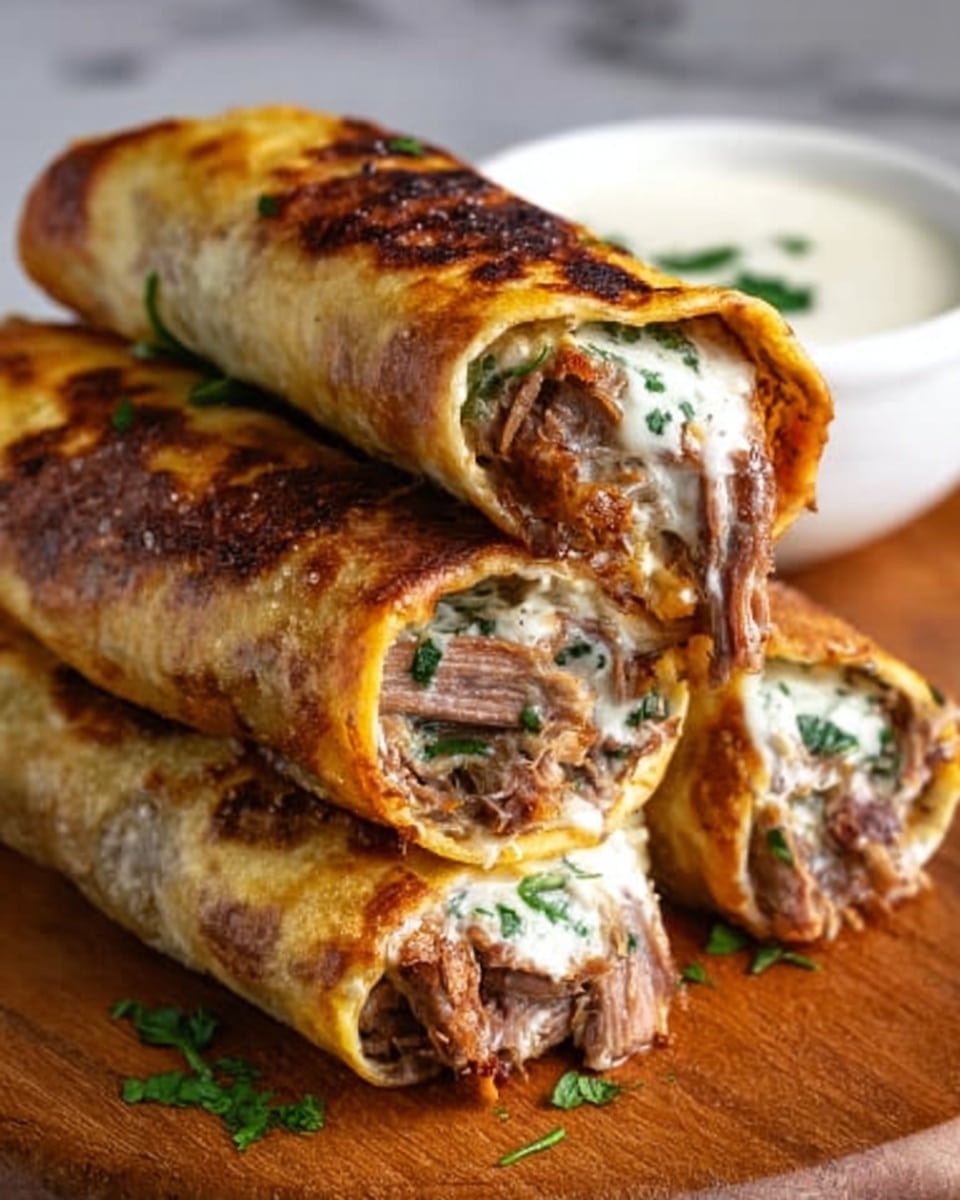 The image shows three rolled wraps stacked on each other on a wooden board with a white bowl of sauce in the background. Each wrap has a golden-brown, crispy outer layer with slight charring and is filled with shredded meat mixed with creamy white sauce and green herbs, visible at the open ends. The meat inside looks tender and juicy, layered evenly with the sauce in each roll. The wraps are placed against a white marbled surface. Photo taken with an iphone --ar 4:5 --v 7