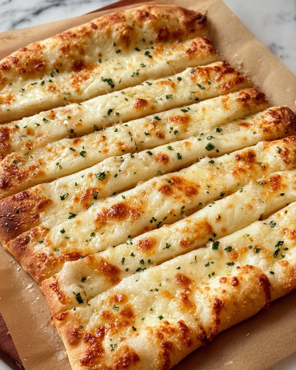 The image shows a flatbread sliced into eight long strips, each topped with melted golden-brown cheese that looks bubbly and slightly crispy on the edges. The flatbread dough underneath is a pale cream color with a soft, slightly fluffy texture. Small green herb bits are sprinkled evenly across the cheese surface, adding a touch of color contrast. The flatbread sits on parchment paper, all placed on a white marbled surface. Photo taken with an iphone --ar 4:5 --v 7