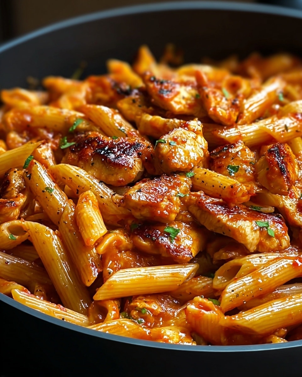 A close-up view of a pan filled with two main layers: the first layer is cooked penne pasta, light brown with ridges, covered in reddish tomato sauce with a shiny, oily texture; the second layer is grilled chicken pieces that are golden-brown with black pepper specks and a slight char, mixed evenly among the pasta. Tiny green herb bits are sprinkled on top, adding small accents of color. The pan is black with a smooth edge and the photo shows a warm, cozy feeling. Photo taken with an iphone --ar 4:5 --v 7